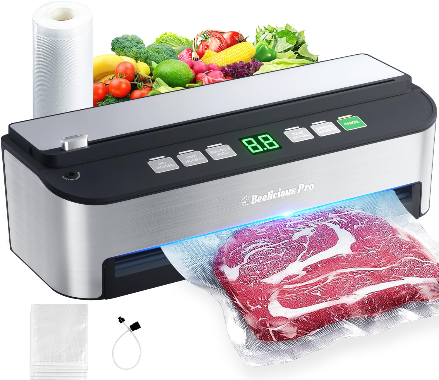 Vacuum Sealer Machine, Beelicious 85KPA Fully Automatic 8-IN-1 Food Sealer with Bags Storage, Build-in Cutter, Moist Mode and Air Suction Hose | Digital Countdown | Sous Vide
