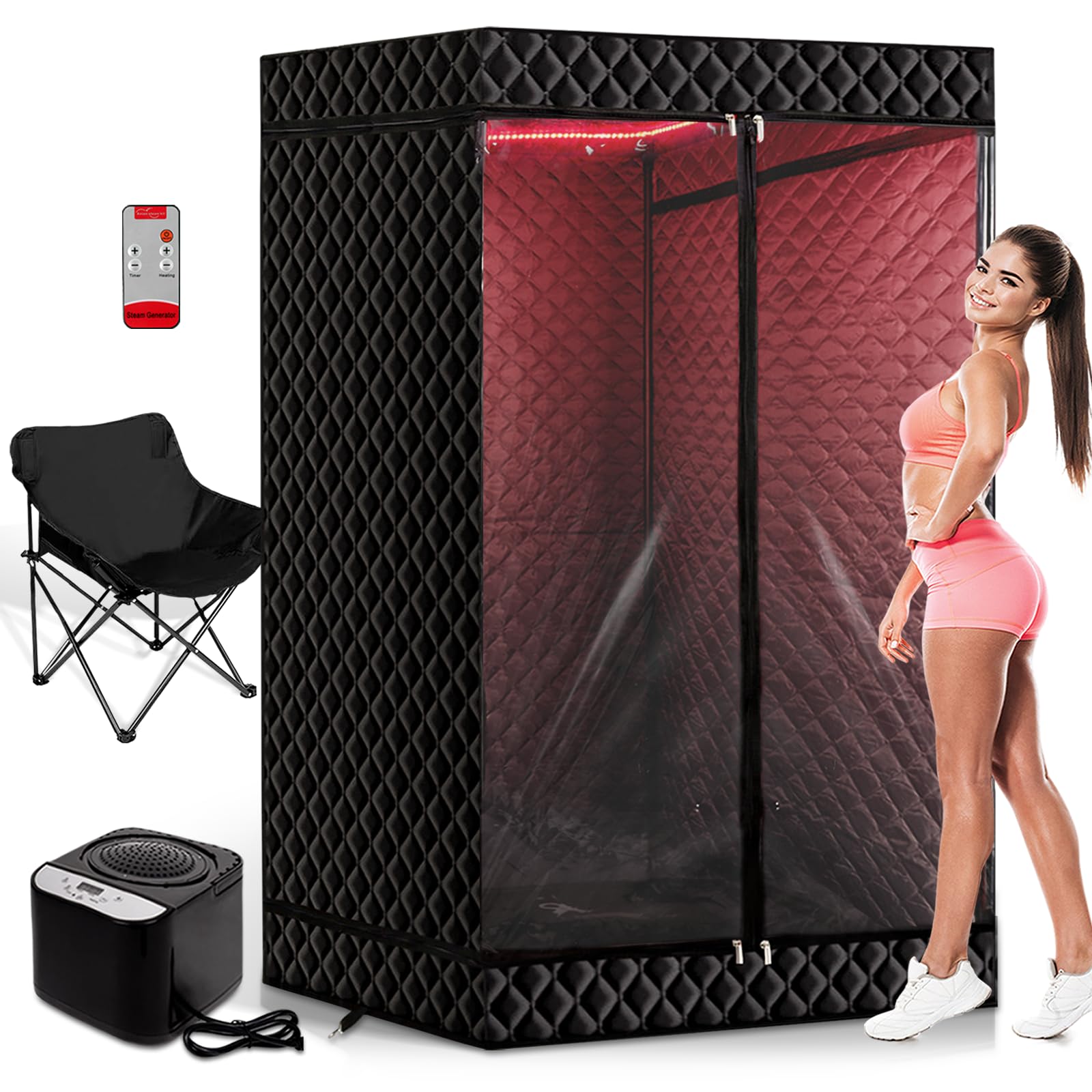 PEEKO XL Portable Collapsible Fridge Sauna Box, 6'3" Tall Spacious Design, Red Light Therapy 650nm Strip, Large Camping Chair, 1500W 4L Steamer, 12 Temperature Settings, 90min Timer