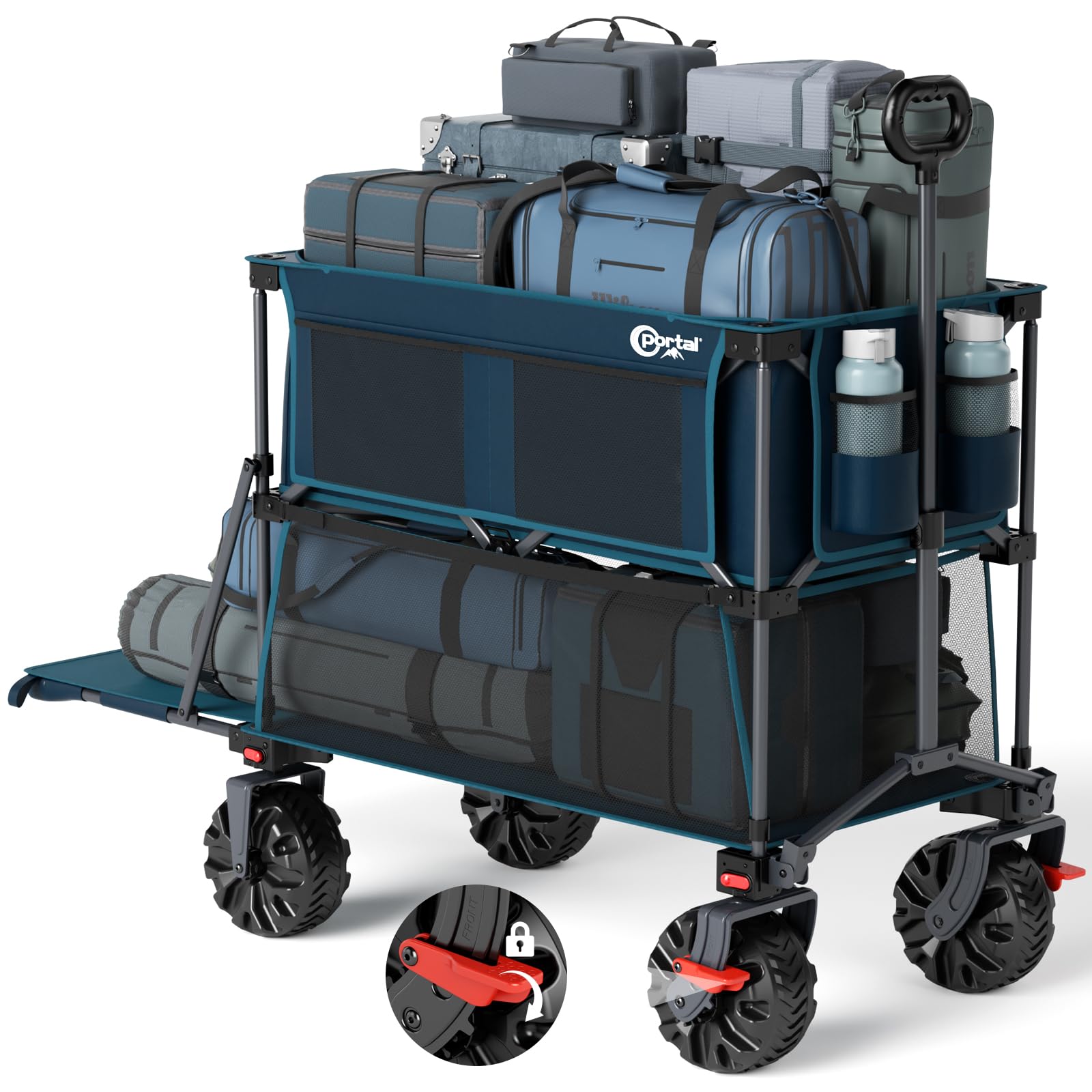 PORTAL 400L Large Capacity Collapsible Double Decker Wagon with Brakes, 450LB Heavy Duty Folding Cart with Tailgate, Foldable Utility Wagons for Camping, Beach, Garden, Sports, Shopping