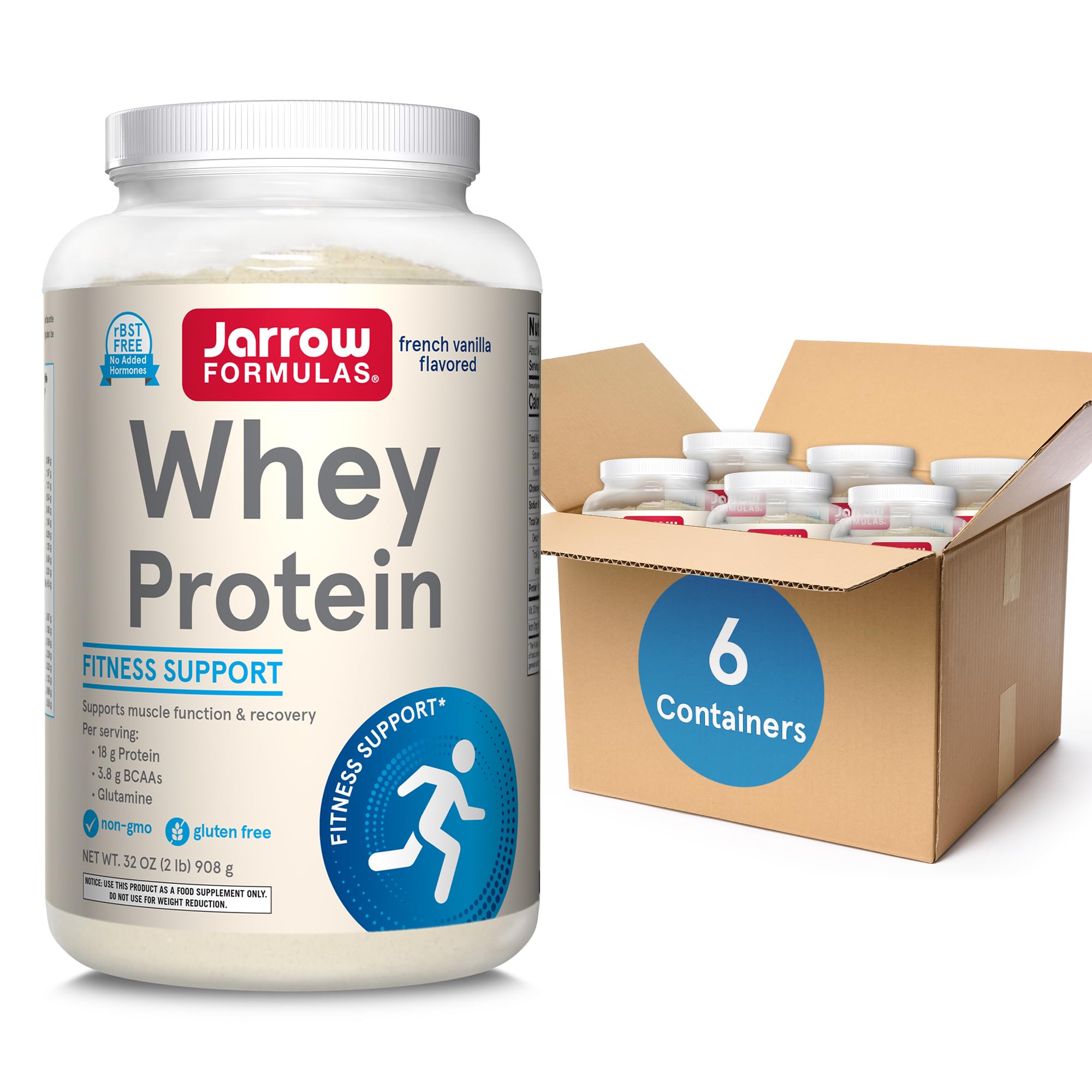Jarrow Formulas Whey Protein with 18g of Protein, 3.8g of BCAAs, & Glutamine, Dietary Supplement for Muscle Function & Recovery Support, 32oz Vanilla Flavored Powder, Approx. 36 Day Supply, Pack of 6