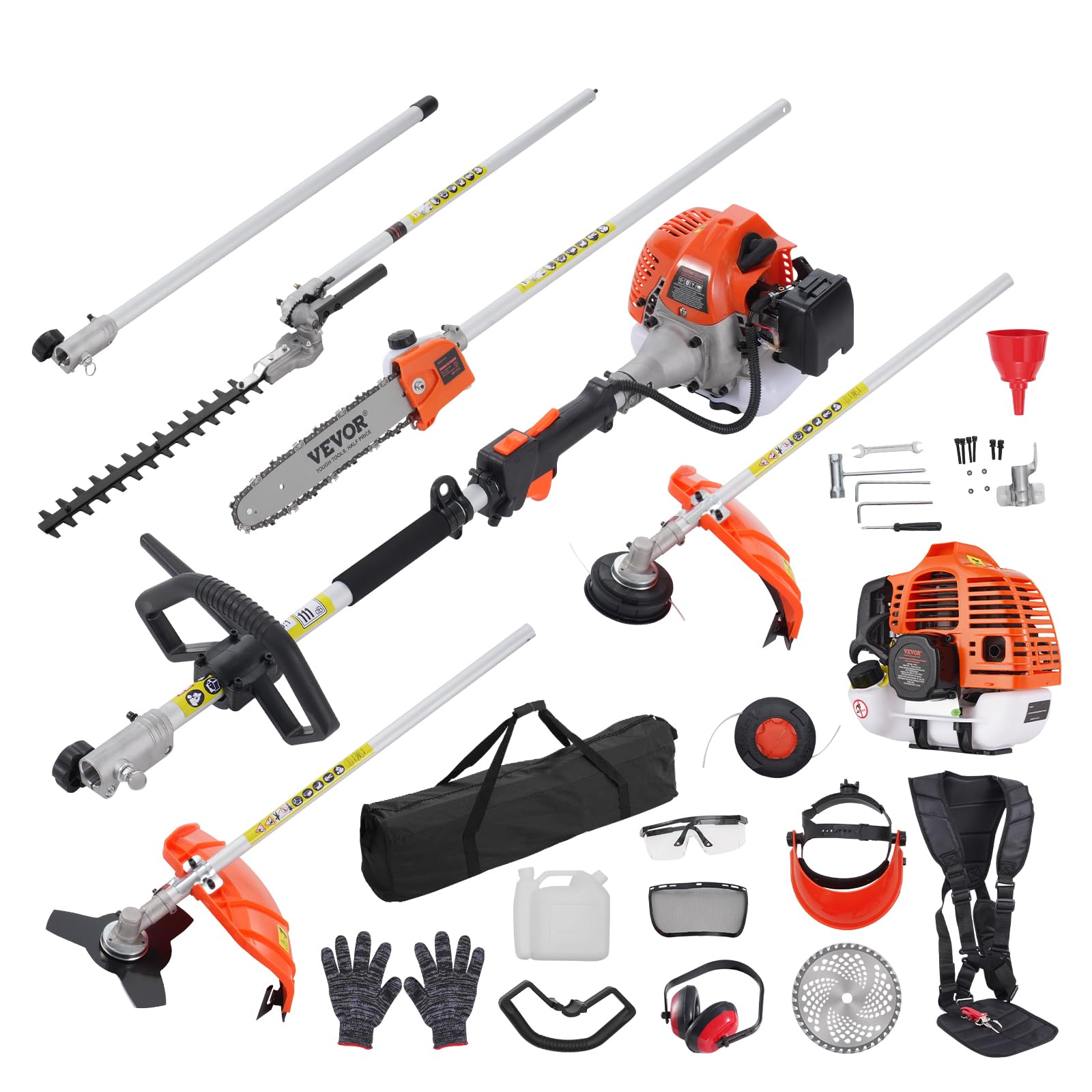 VEVOR 5-in-1 26cc 2 Cycle Gas Powered Dual Sided Hedge Trimmer, Weed Eater, String Trimmer, Edger, Pole Saw Chainsaw Pruner with EPA, CE and EMC Certification