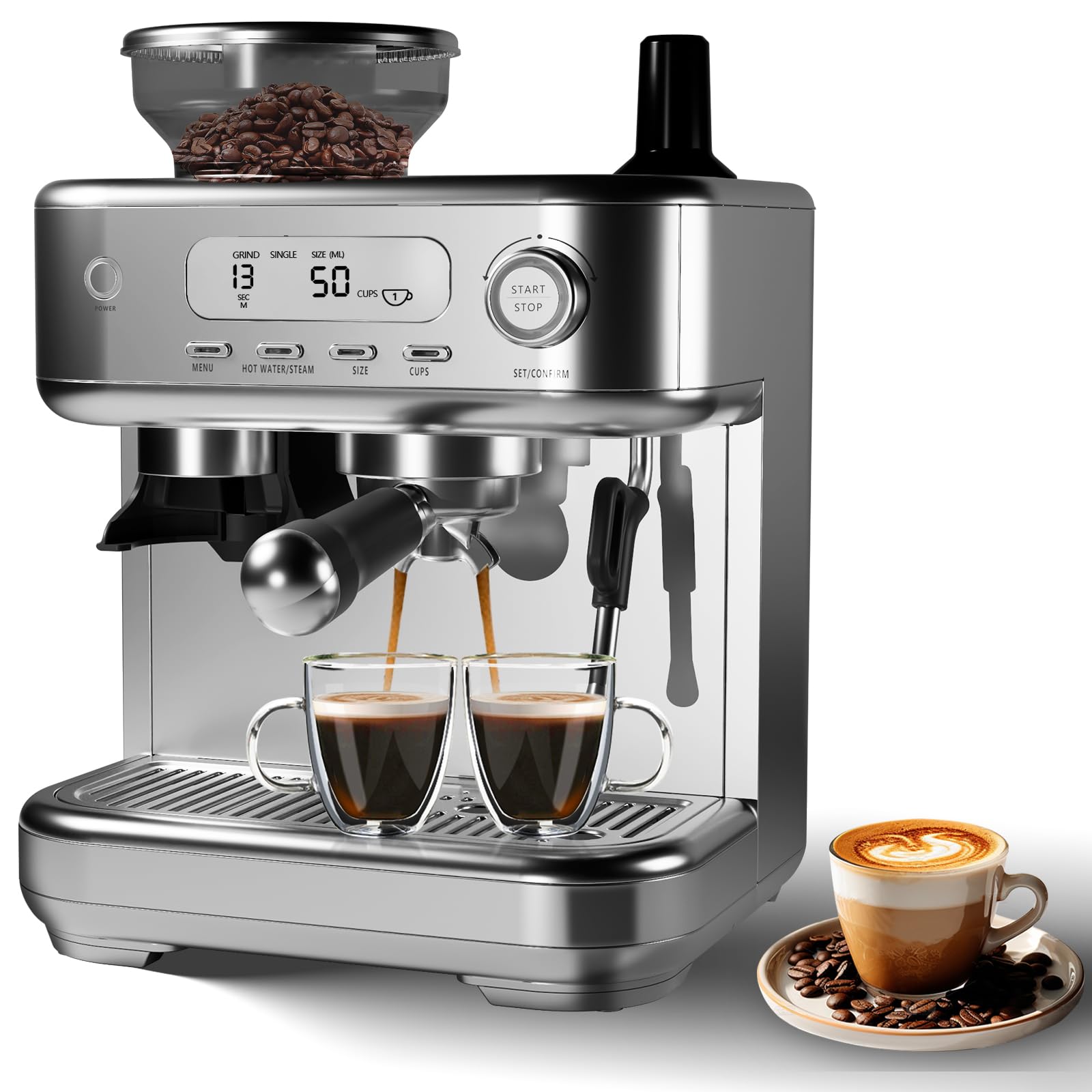 Espresso Machine with Grinder, Professional 15 Bar Espresso Maker, Cappuccino Coffee Machine with LCD Display, Steam Milk Frother, PID Temperature Control for Cappuccino, Latte - 78 Oz Water Tank