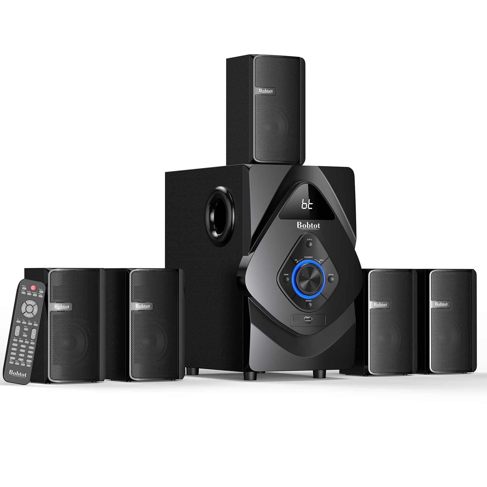 Bobtot 5.1 Surround Sound System, Wireless Rear Satellite Speakers with 800W 6.5inch Subwoofer Home Theater System with HDMI Optical Bluetooth ARC Input