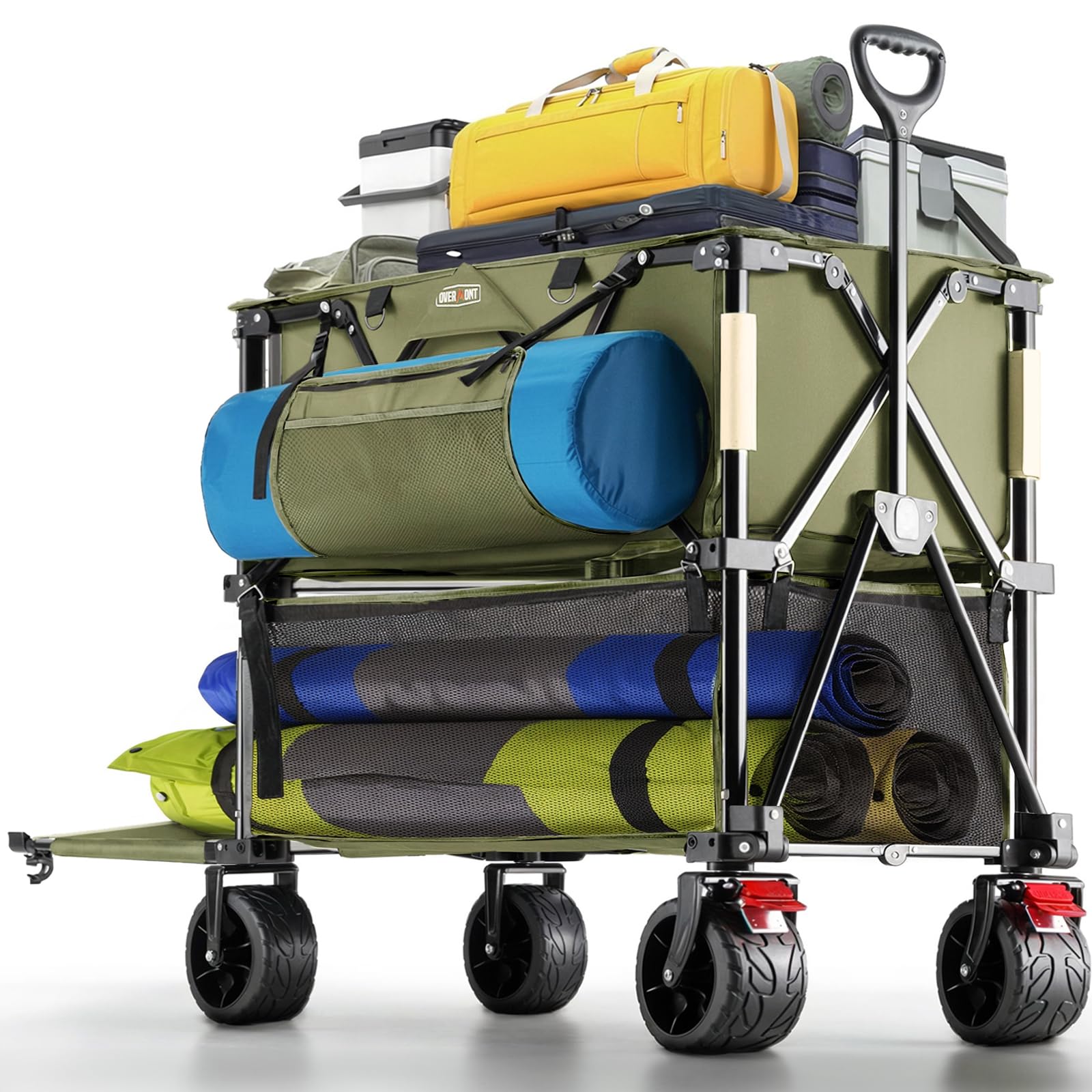Overmont 400L Foldable Double Decker Wagon - Large Capacity Collapsible Wagon Cart- 52" Extra Long Extender - All-Terrain Big Wheels for Camping Sports School Season, Support Up to 450lbs