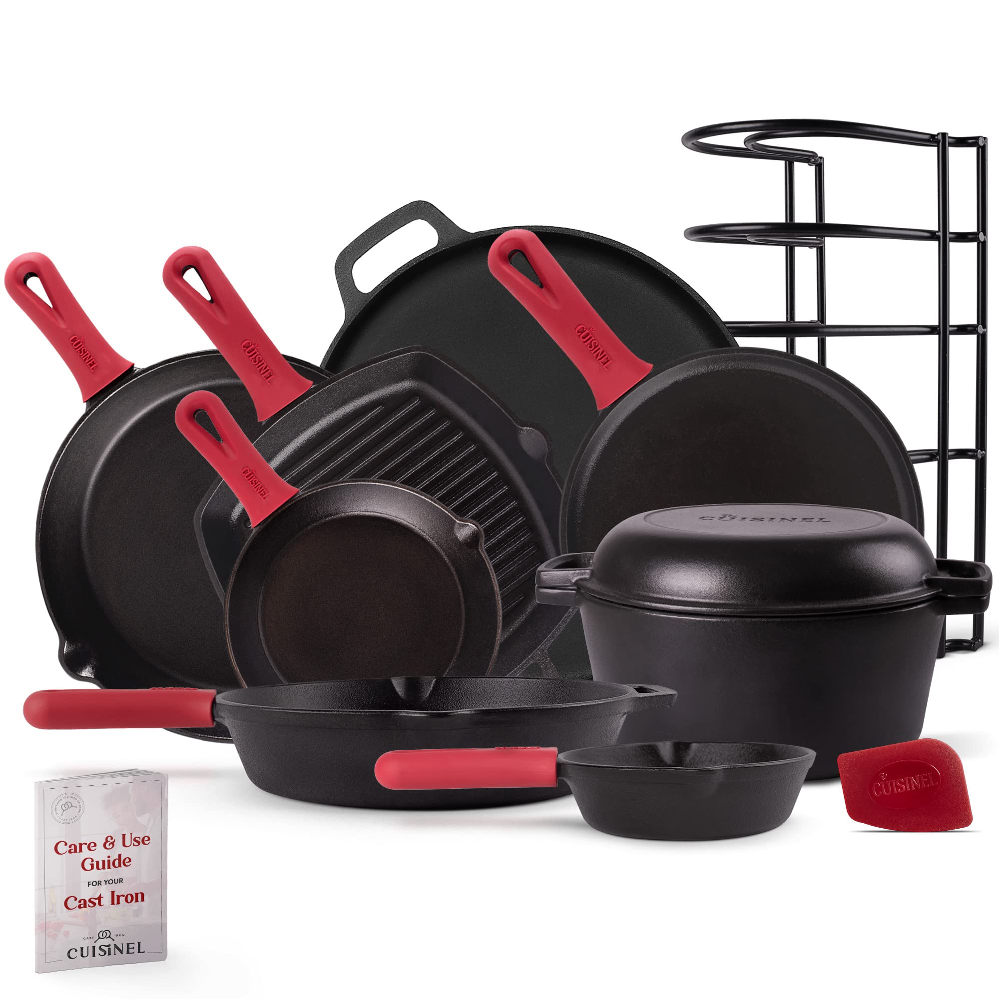 Cast Iron Cookware 18-Piece Set - Pre-Seasoned 6" + 8" + 10" + 12" Skillet + Grill Pan+Lid + Griddle + Pizza Pan + Dutch Oven+Cover/Pan + Panrack + Silicone Handle Cover + Pan Scraper/Cleaner