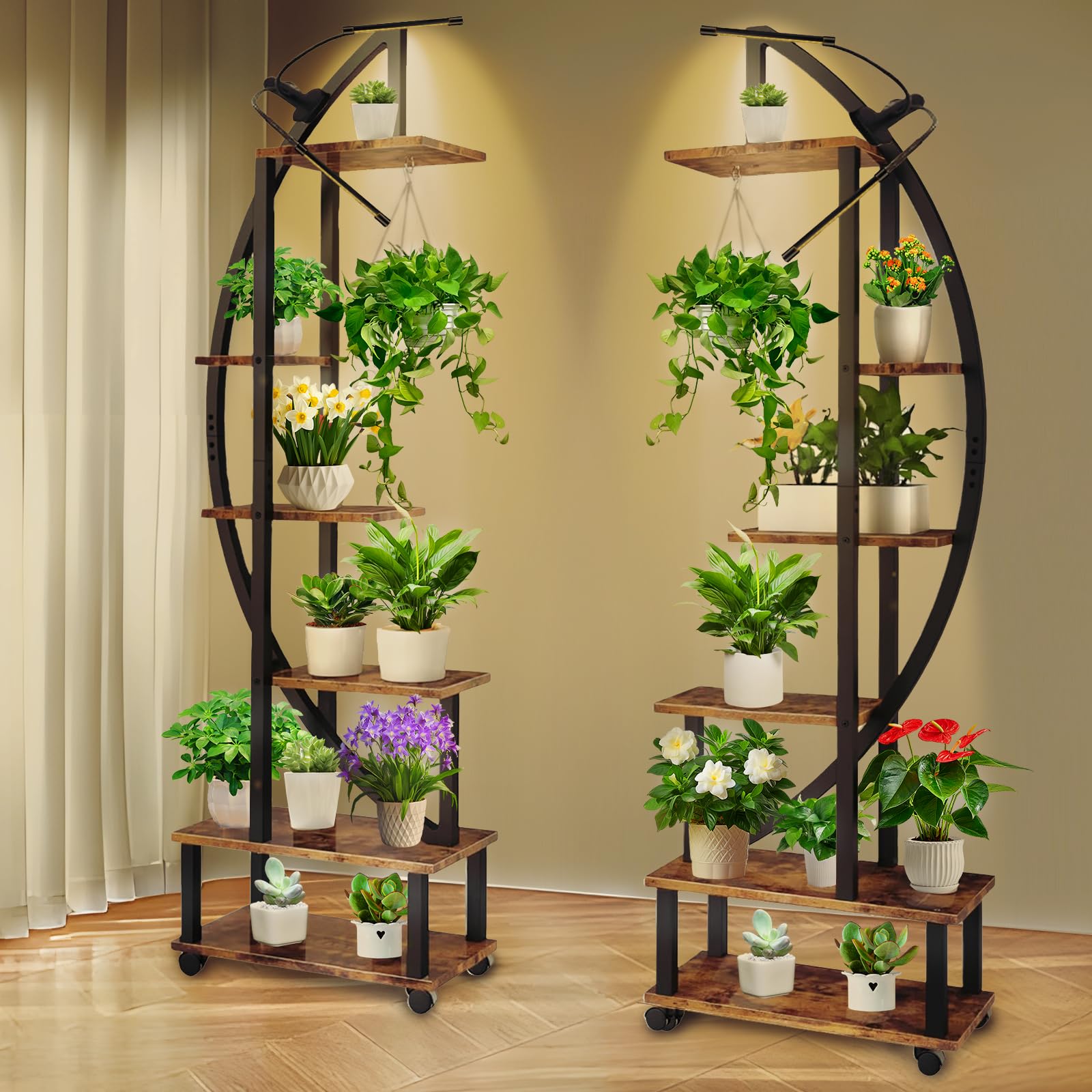homegroove 2 pcs 6 Tier Tall Metal Plant Stand Indoor with Growing Light, Half Moon Shape Large Plant Shelf & Detachable Wheels, Curved Ladder Flower Pot Stand Rack for Home Patio Lawn Garden Balcony