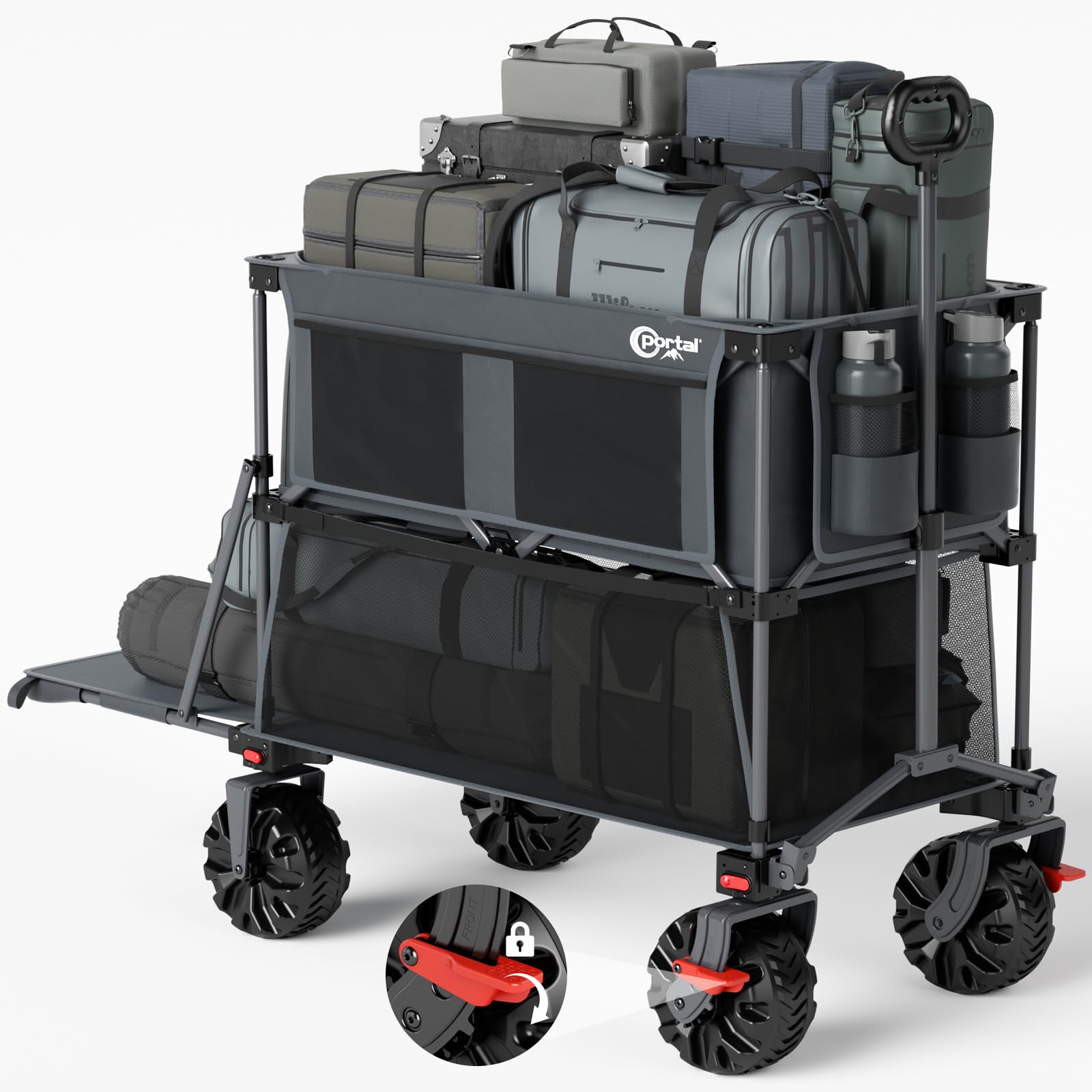 PORTAL 400L Large Capacity Collapsible Double Decker Wagon with Brakes, 450LB Heavy Duty Folding Cart with Tailgate, Foldable Utility Wagons for Camping, Beach, Garden, Sports, Shopping