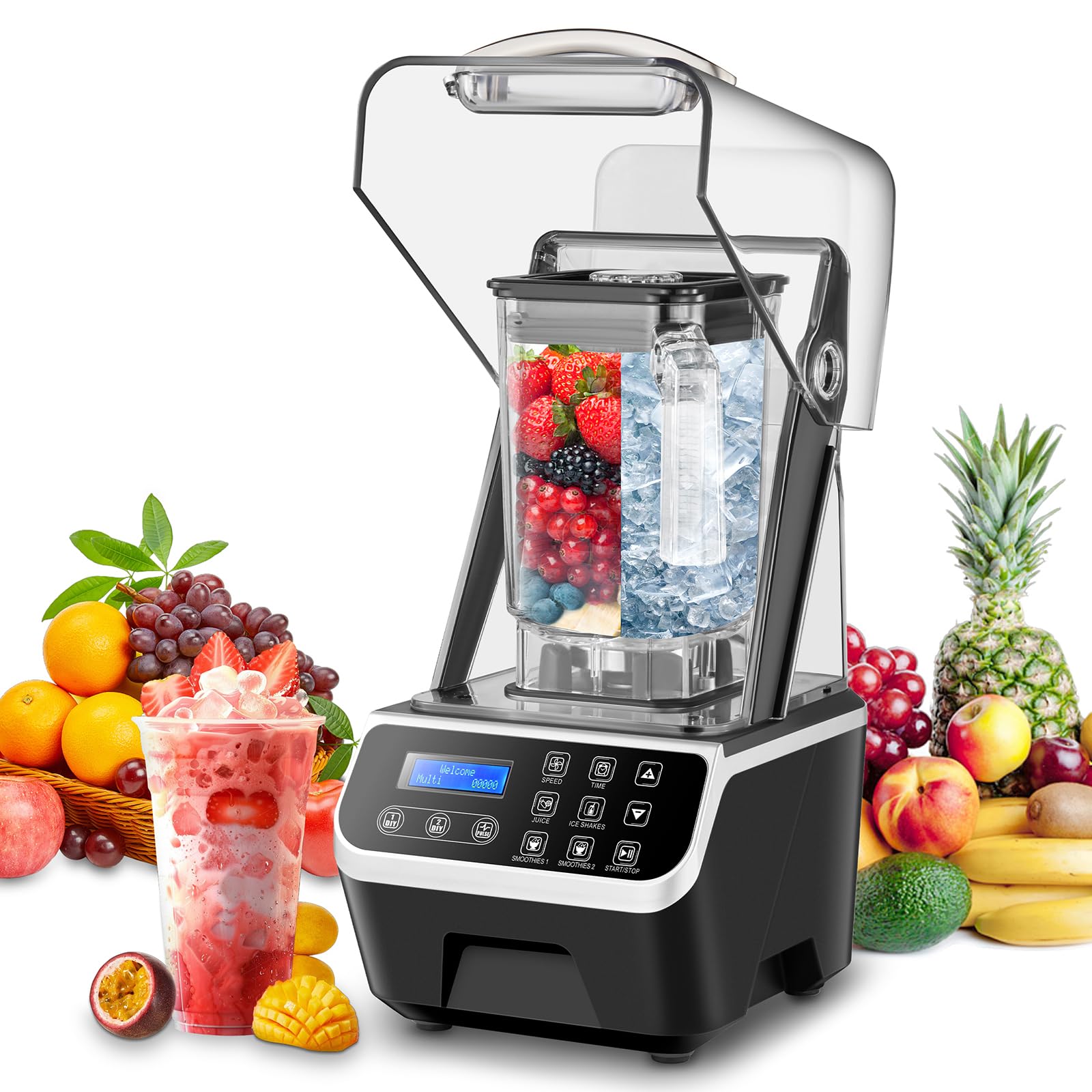 WaterElfo Professional Commercial Blender 2200W 1.58QT 51OZ Quiet Blender Brushless Motors Commercial Smoothies, Frozen Drinks, Self-Cleaning Silver Grey