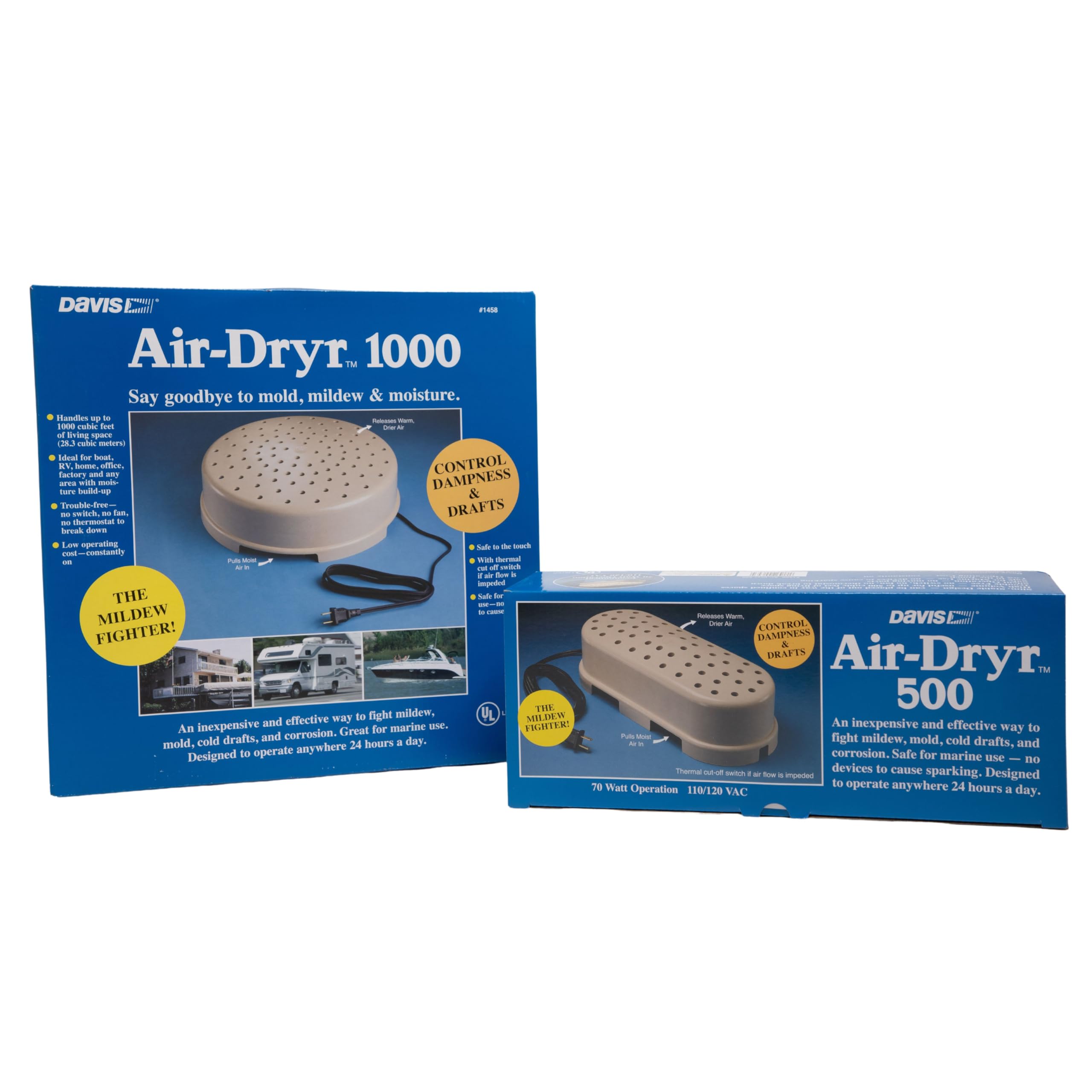 Davis Air-Dryr 500 & 1000 2 Pack Bundle - Quiet Room Dehumidifier for Moisture Problems and Wet Air Solution - Portable Dehumidifier for RV, Camper, Bathroom, Bedroom and More