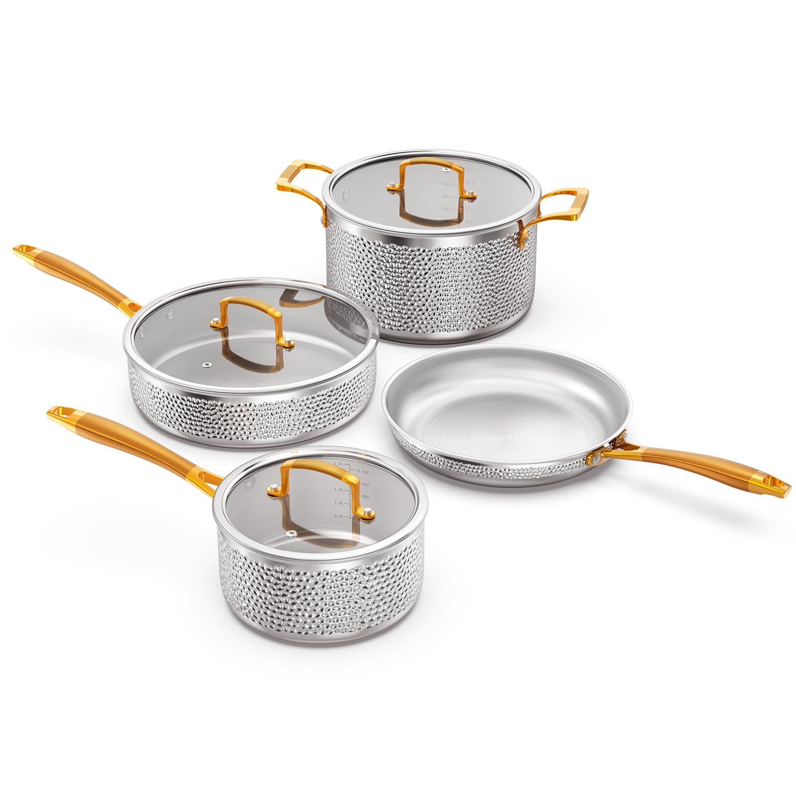Homaz life Stainless Steel Pots and Pans Set, Tri-Ply Hammered Kitchen Cookware with Glass Lids, Induction Compatible, Non-Coated, Non-Toxic, 7-Piece