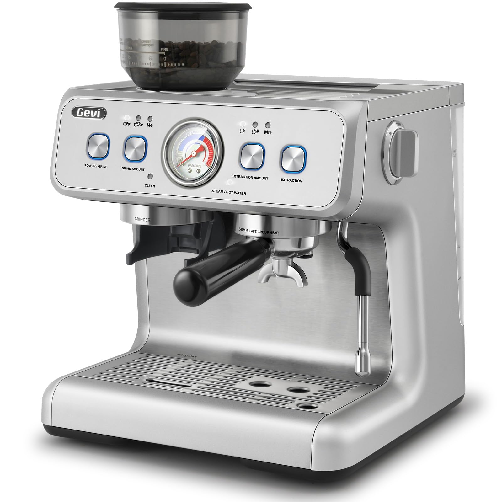Gevi [2024 Upgraded Dual Boiler Espresso Machine EzBru 2000 | 58mm Grouphead | Barista Level Steam Wand | Built-in Grinder With 31 Size Settings | Full Stainless Steel Housing | Sterling Silver