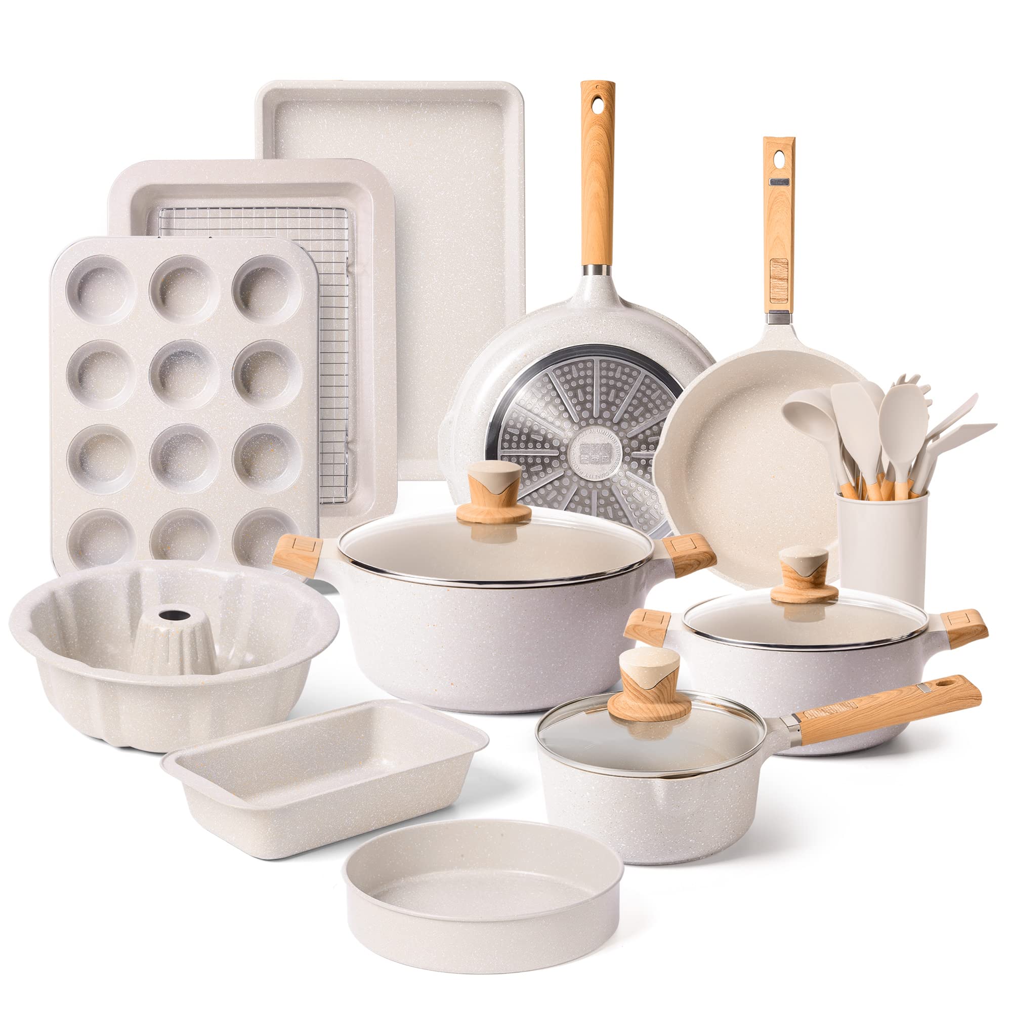 Pots and Pans Set - Nonstick Kitchen Cookware + Bakeware Set Granite Kitchenware Set, Induction Cookware Sets with Frying Pan Stockpot Saucepan Basket Cookie Sheet and Baking Pans for Gift