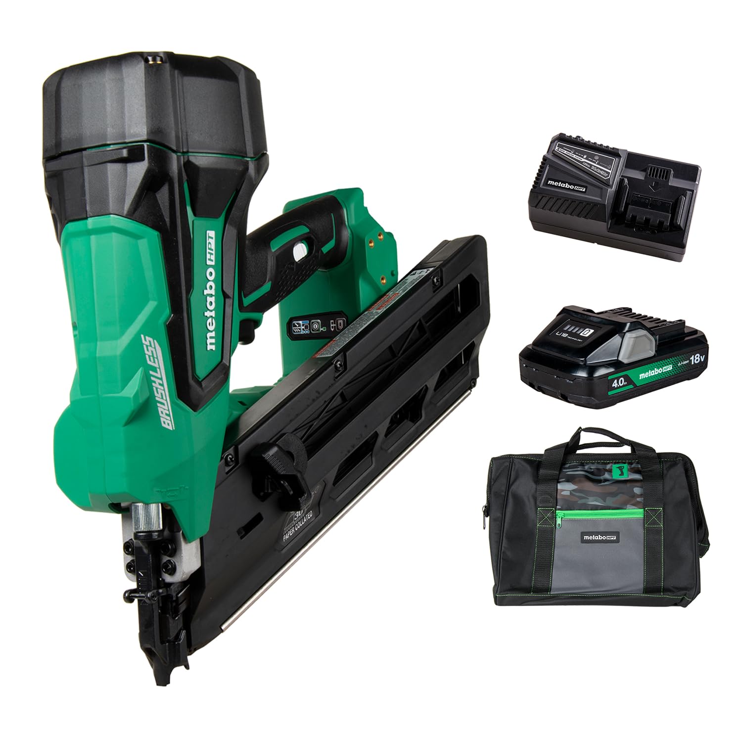 Metabo HPT Cordless 18V MultiVolt™ Framing Nailer Kit Accepts 2-Inch to 3-1/2-Inch Clipped & Offset Round Paper Nails 1-18V 4.0Ah Li-Ion Battery w/Fuel Gauge Lifetime Tool Warranty NR1890DCST