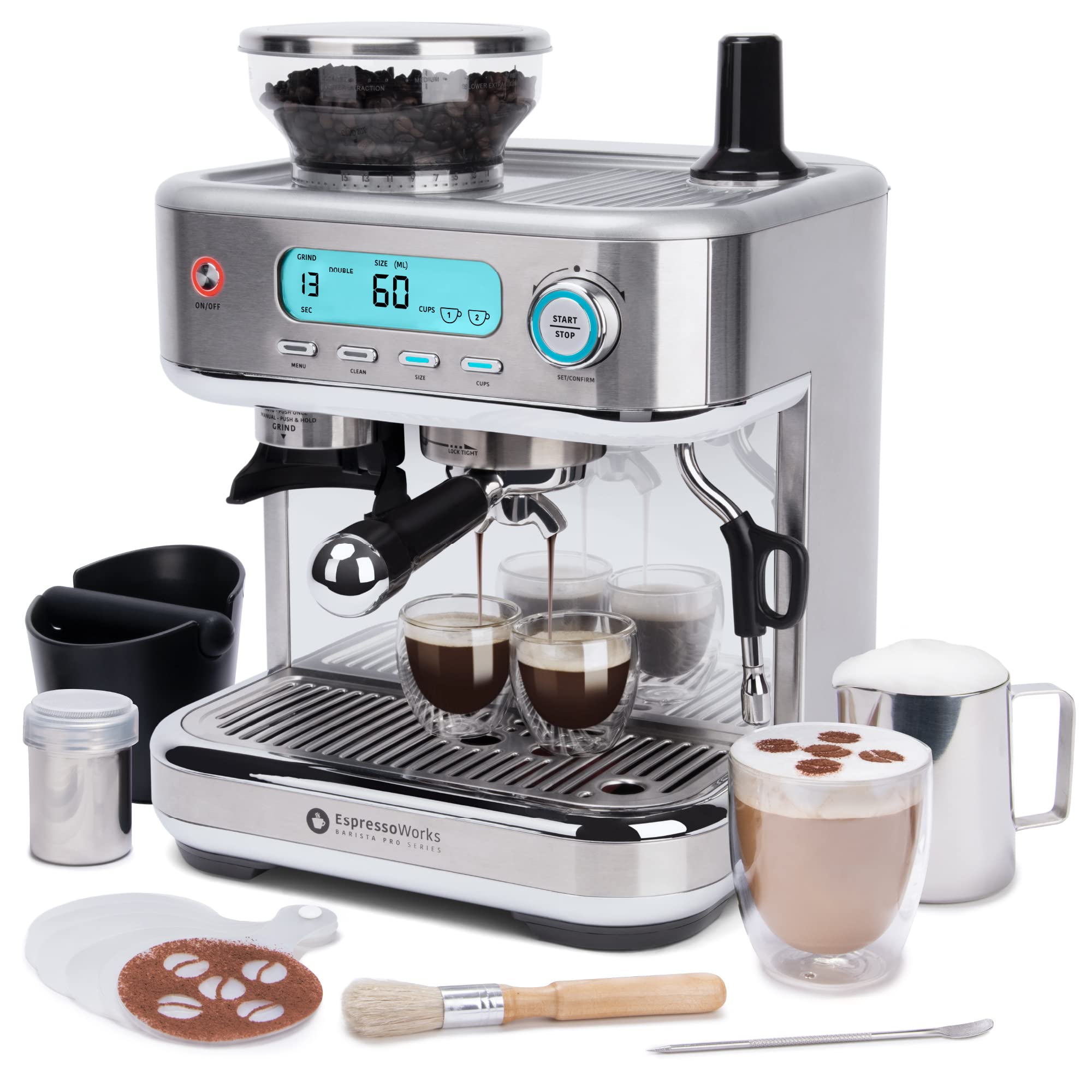 EspressoWorks Barista Pro Series Espresso Machine with Grinder, LCD Display and Steamer - Ready To Go In 60 Sec - 15-Bar Latte and Cappuccino Machine 30-Piece Bundle - Coffee Gifts (Silver)