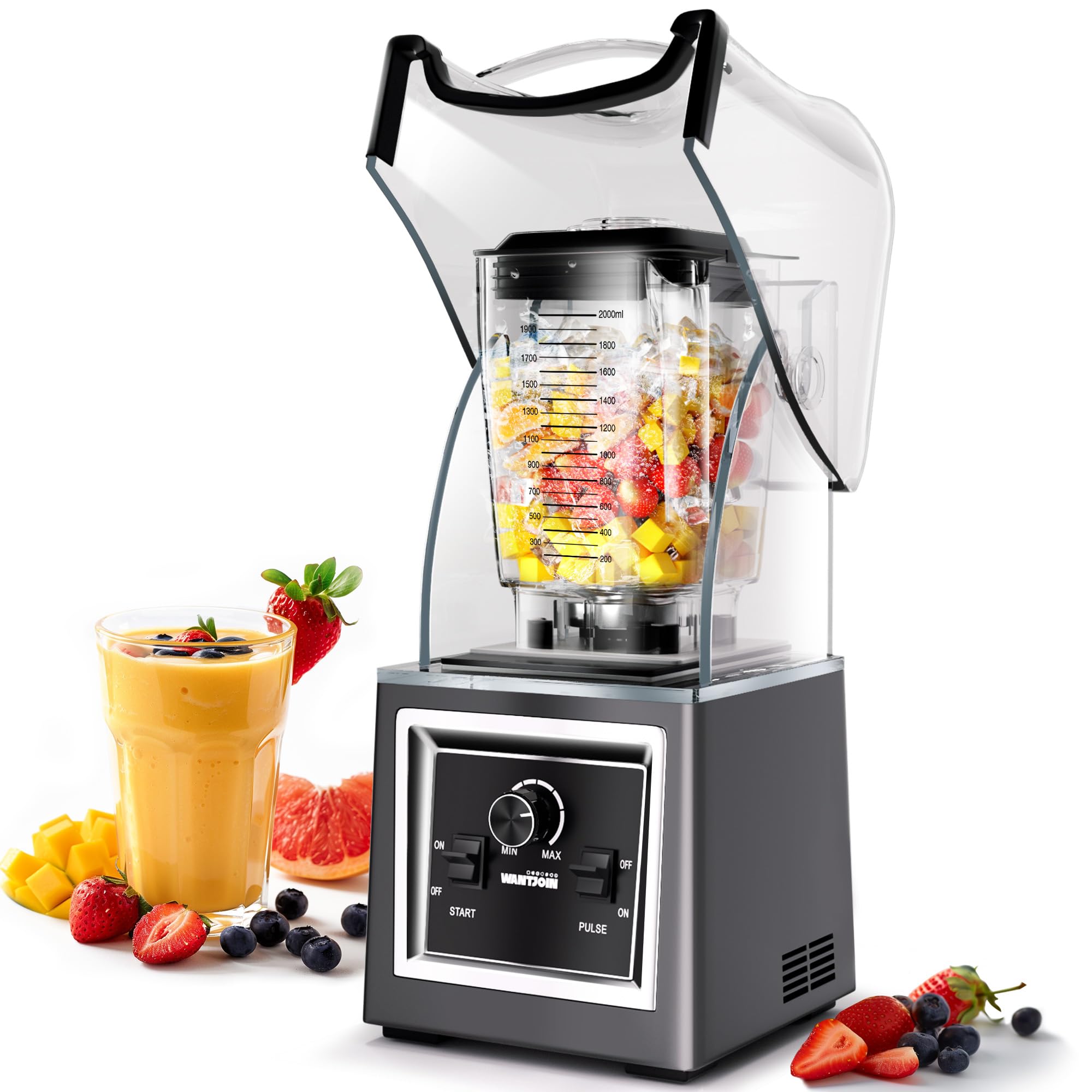 Wantjoin Professional Grade Blender - Soundproof & Quiet Commercial Blenders, Removable Shield, 2000W Watte, 67 Oz Capacity - Perfect for Kitchen, Fruits, Shakes, Smoothies, and Frozen Drinks(Gray)