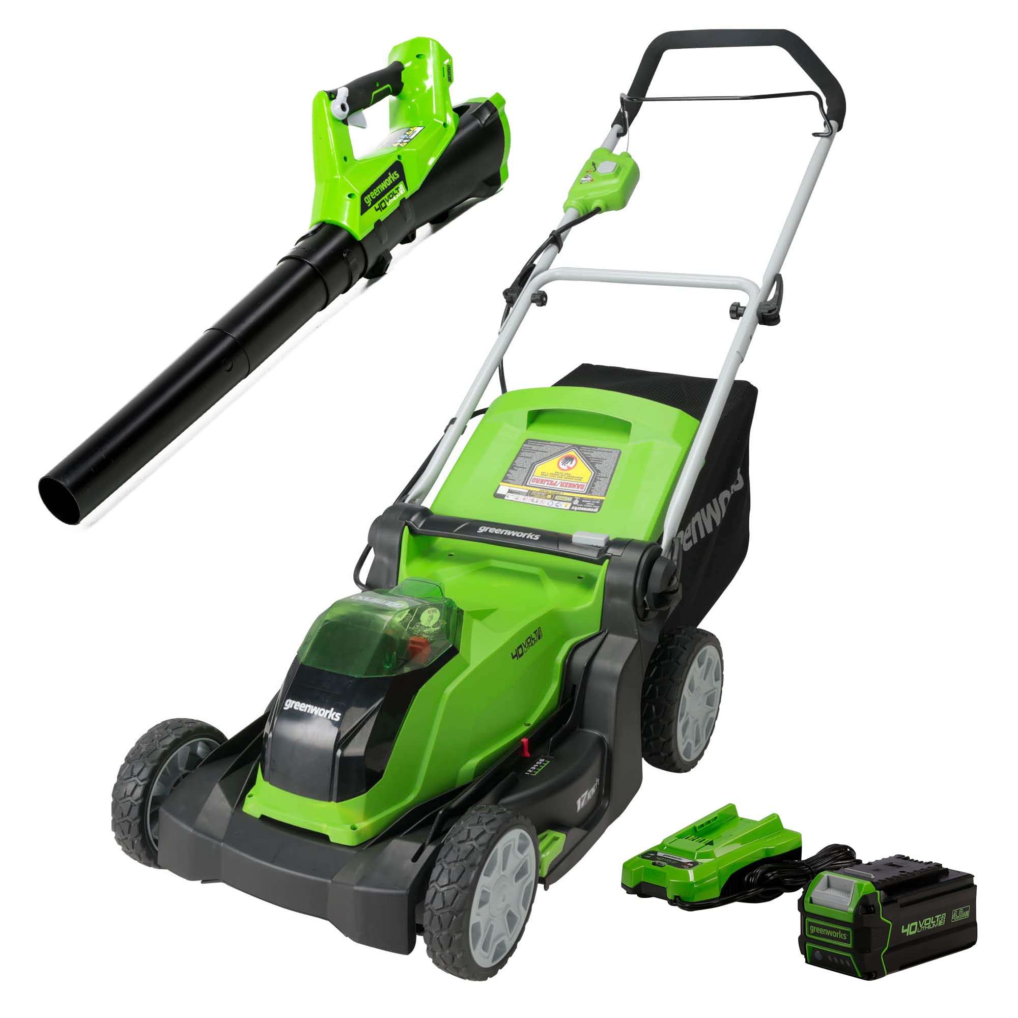 Greenworks 40V 14" Cordless Lawn Mower / Blower Combo Kit, 4.0Ah USB Battery and Charger Included