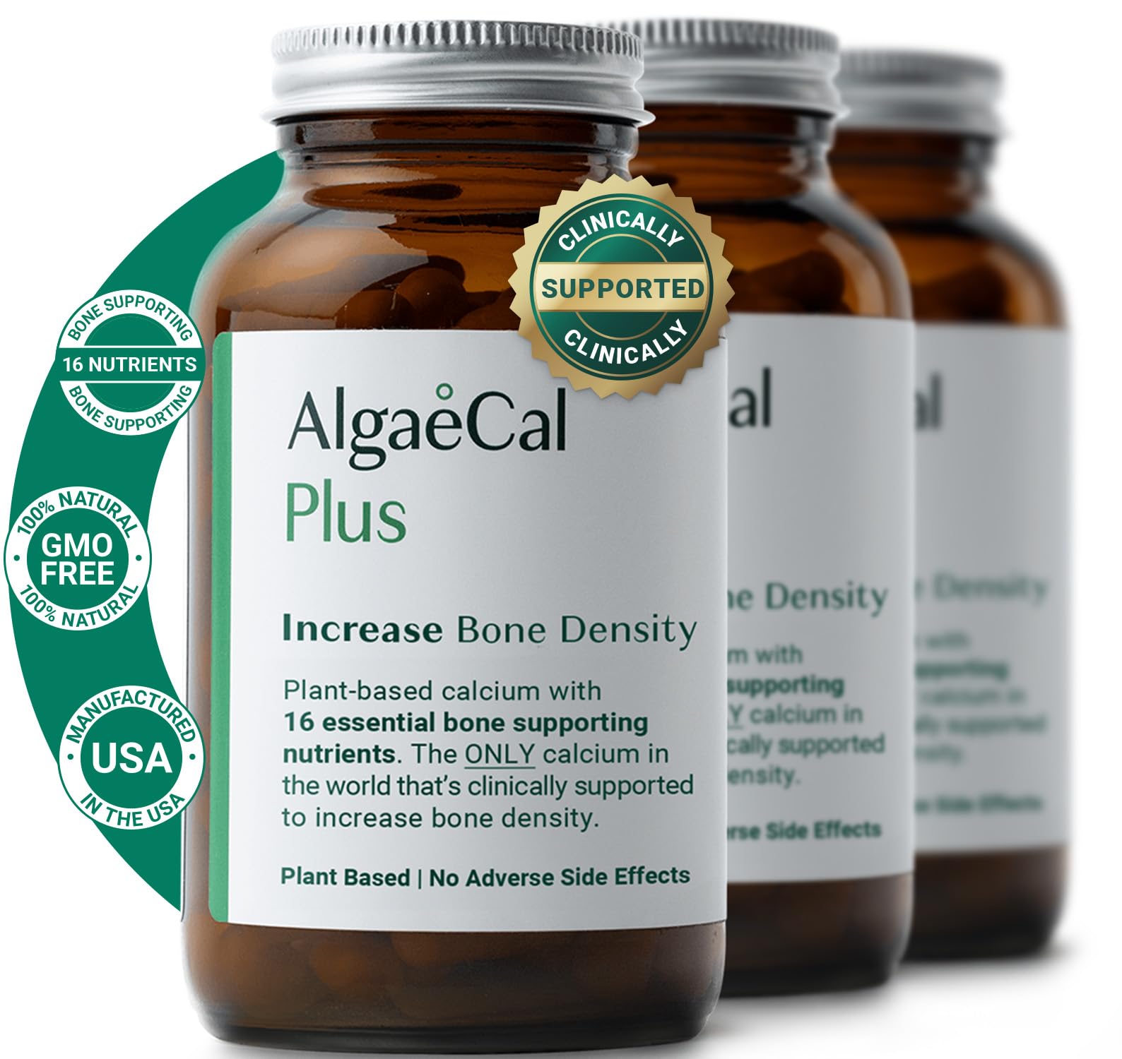 ALGAECAL Plus - Plant Based Calcium Supplement, Vitamin K2 MK7 (100mg), Vitamin D3 (1600 IU), Magnesium (250mg) & Trace Minerals for Bone Health, 120 Veggie Caps, 3 Month Supply, Made in USA