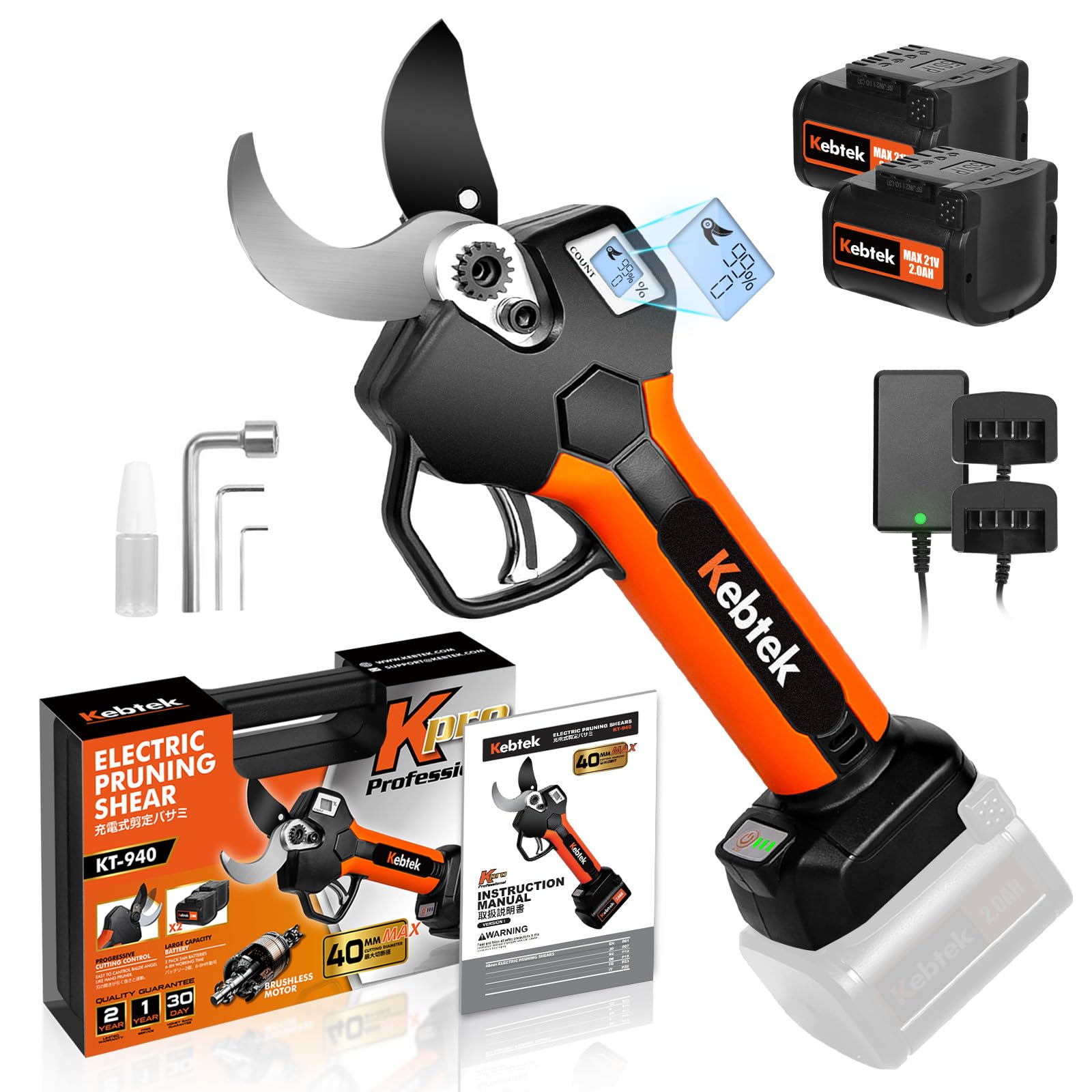 Cordless Electric Pruning Shears 40MM, Kebtek Professional Pruning Shears Battery Powered 18V Brushless Motor 2Pack 2AH Rechargeable Battery-LCD Display Screen (KT940)
