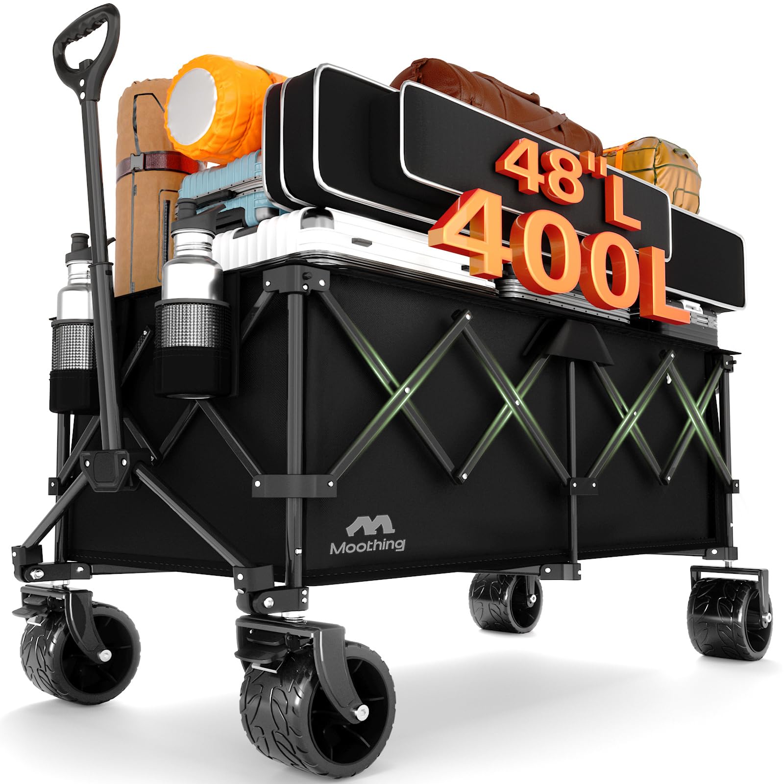 Moothing 48”L Foldable Wagons Carts Extended, Collapsible Folding Wagon 500lbs Heavy Duty, 400L Large Beach Wagon, Utility Wagon with All Terrain Big Wheels for Sports, Camping, Grocery, Garden, Black