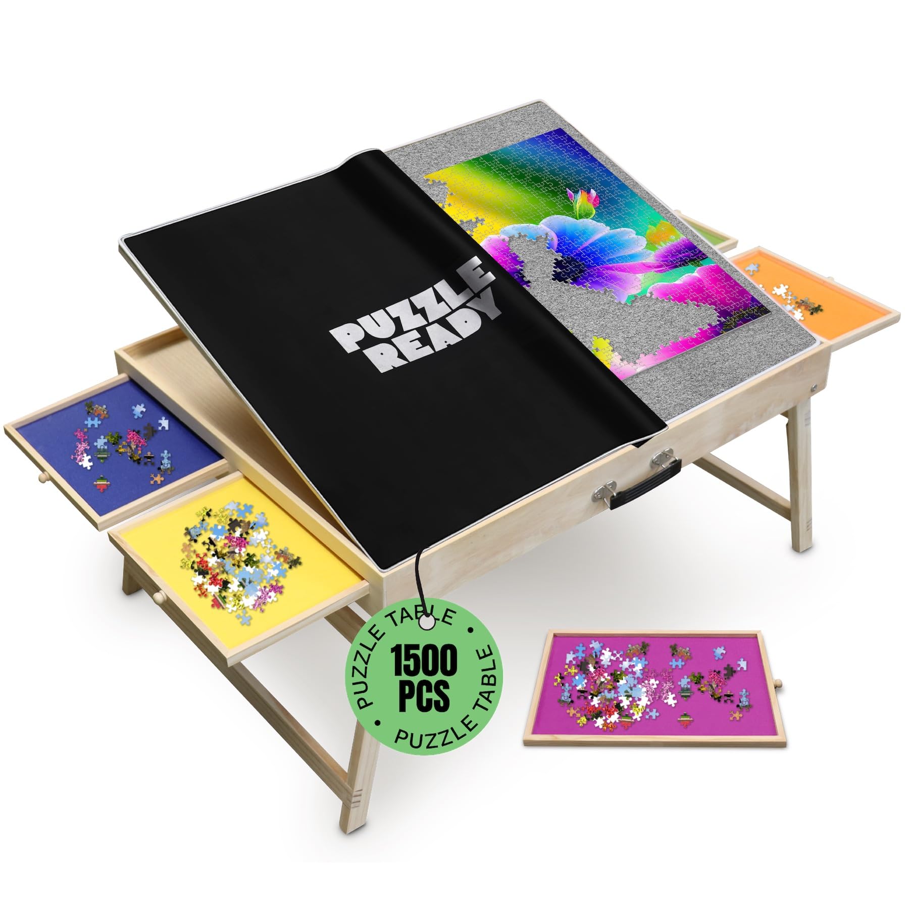 Puzzle Ready 1500-Piece Wooden Jigsaw Puzzle Table - 27" x 36" Foldable Portable Puzzle Board Design with Short Legs, 4 Colorful Drawers, 3 Adjustable Angles & Cover Mat
