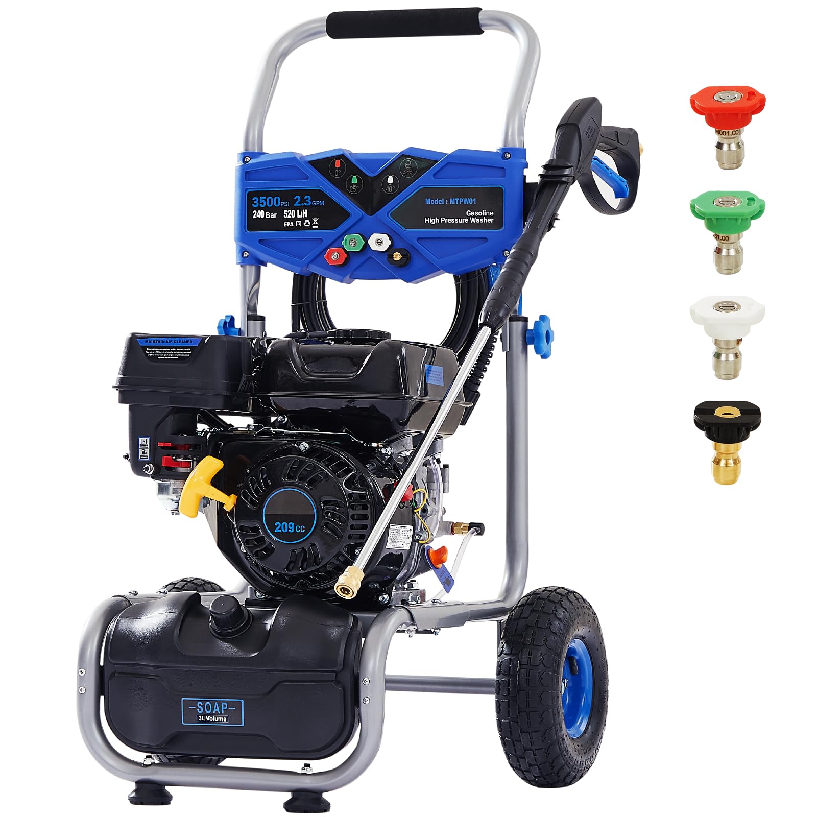 Ezasin Gas Pressure Washer 3500 PSI, 2.3 GPM Heavy Duty High Power Washer,209CC 7HP Engine with 25Ft Pressure Hose, Axial Aluminum Pump, Soap Tank, Spray Gun and Wand, 4 Quick Connect Nozzle (Blue)