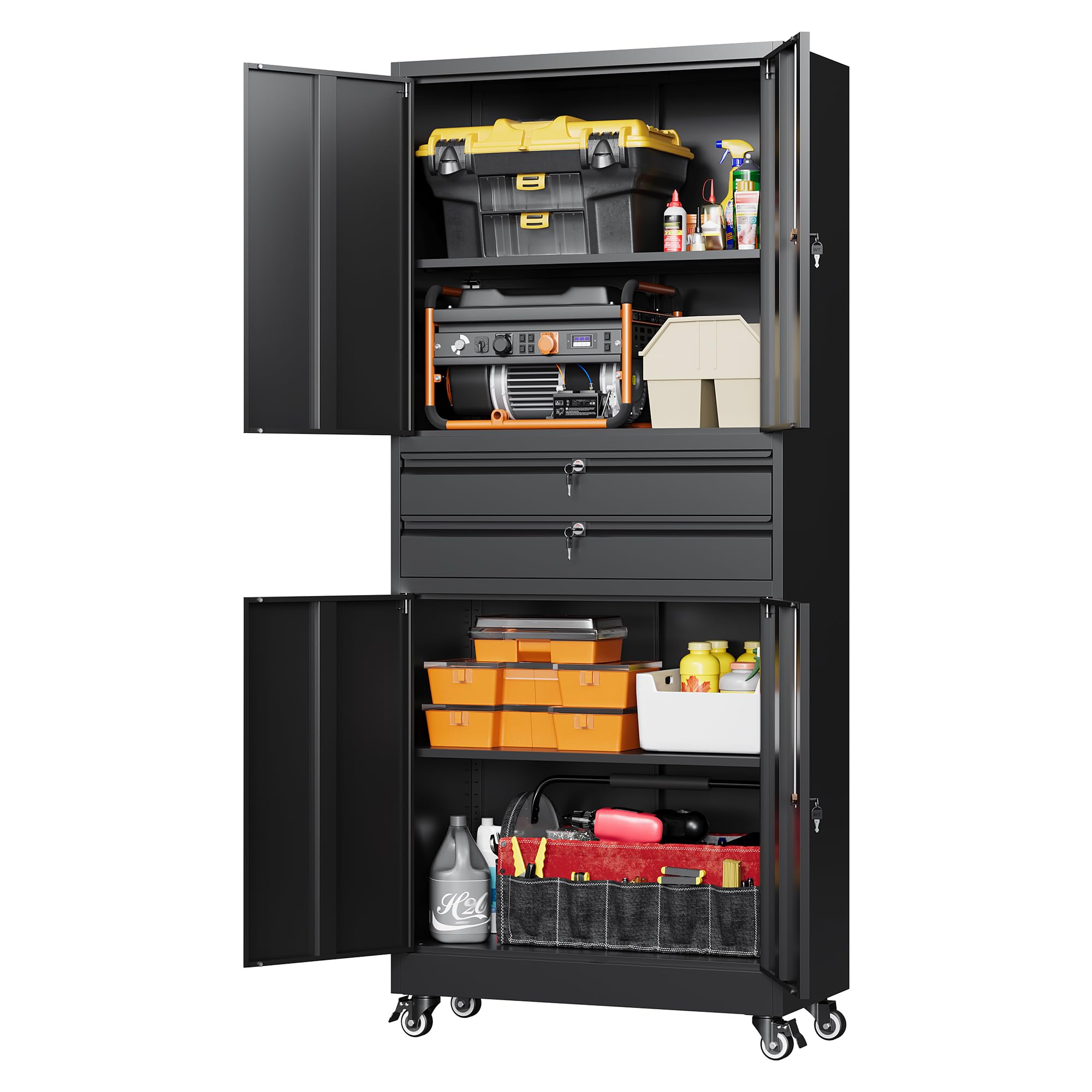 Letaya Metal Garage Storage Cabinet with Wheels,Rolling Tool Cabinet with 4 Door Lock-Adjustable Shelves and 2 Drawer for Garage Home Office Utility Room (Black with Wheels)