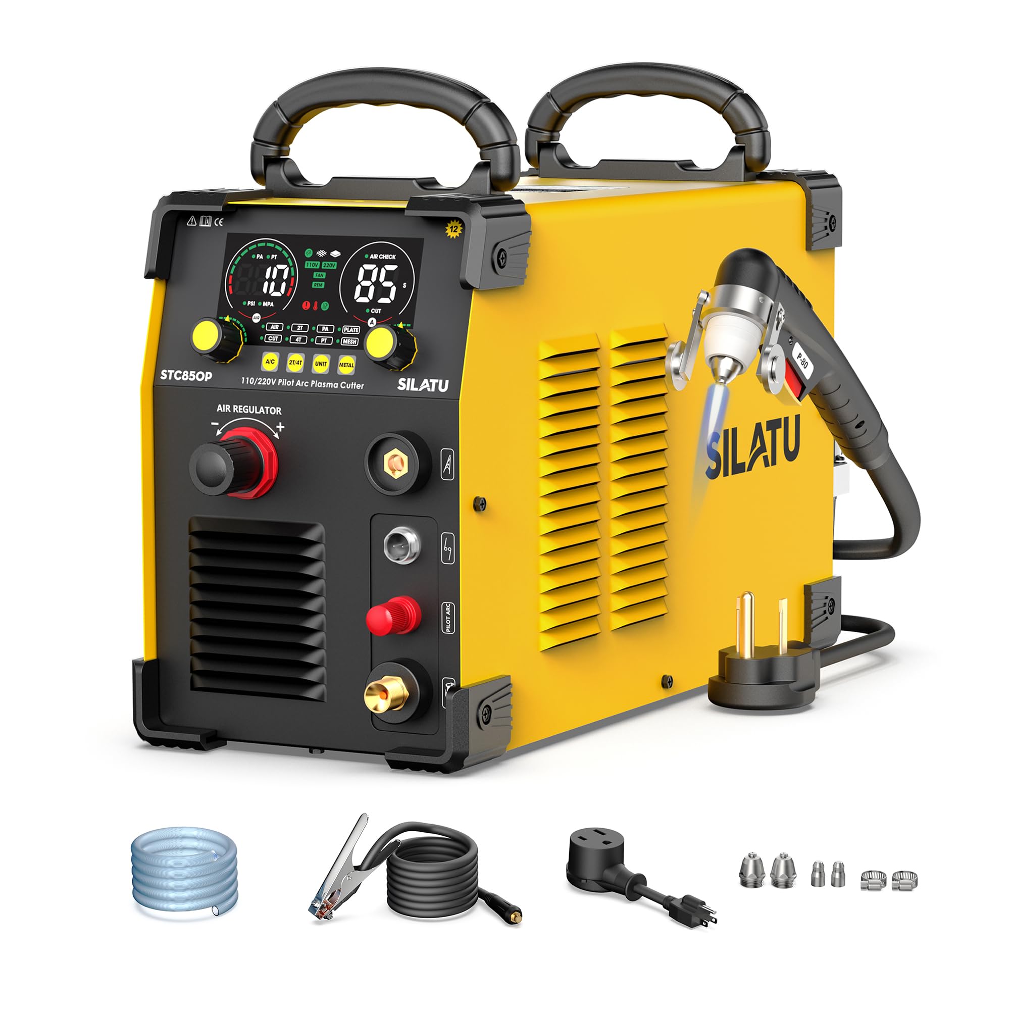 SILATU 85Amps Plasma Cutter, Large LED Display, Non-Touch Pilot Arc, Air Sensor Technology, 110/220V Dual Voltage IGBT Inverter Plasma Cutter Machine, 1'' Clean Cutting Thickness