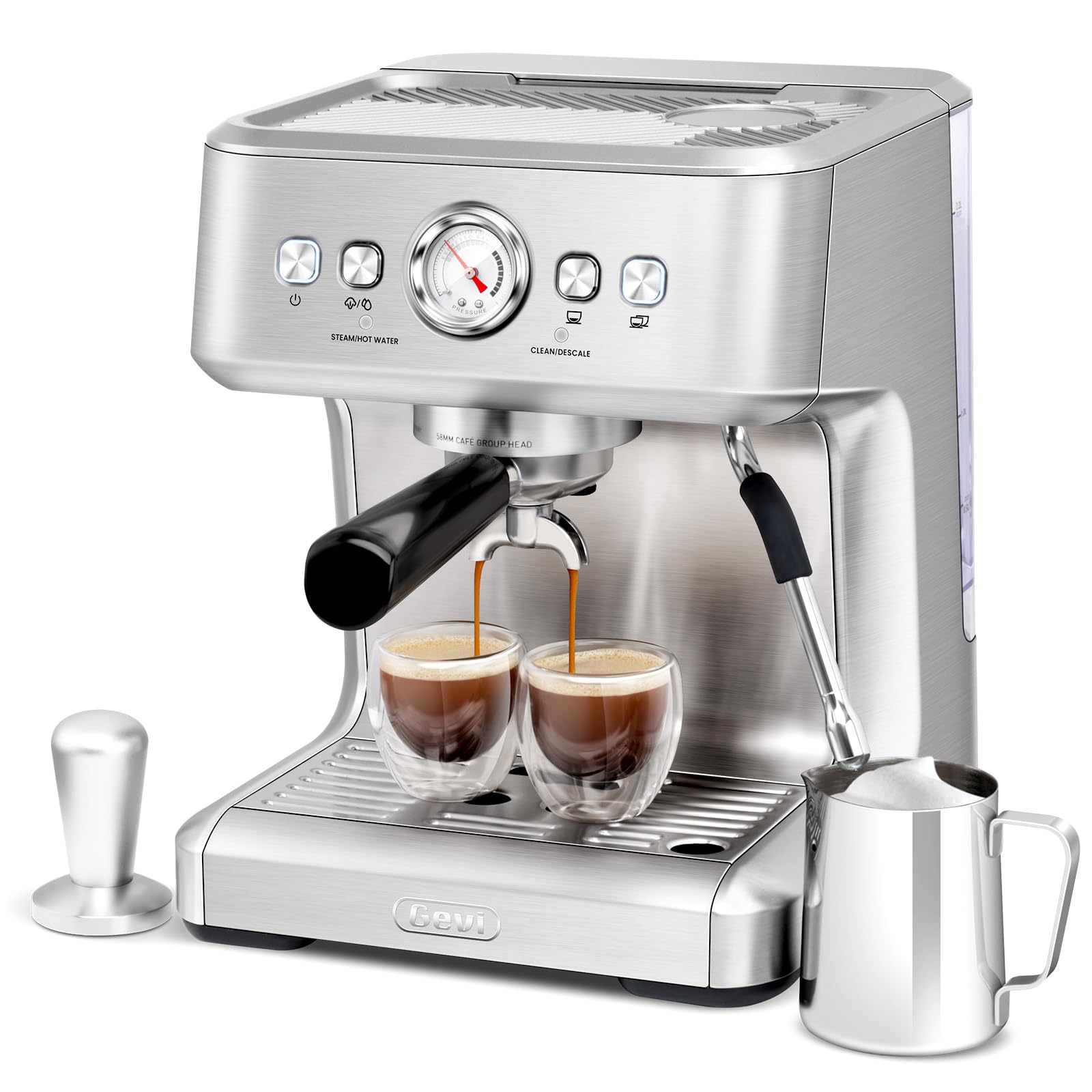 Gevi EzBru 1000C Espresso Machine, 20 Bar Espresso Maker with Pressure Gauge, Barista Coffee Machine with Milk Frother Steam Wand, Professional Latte Machine with Adjustable Temp and Shot Volume