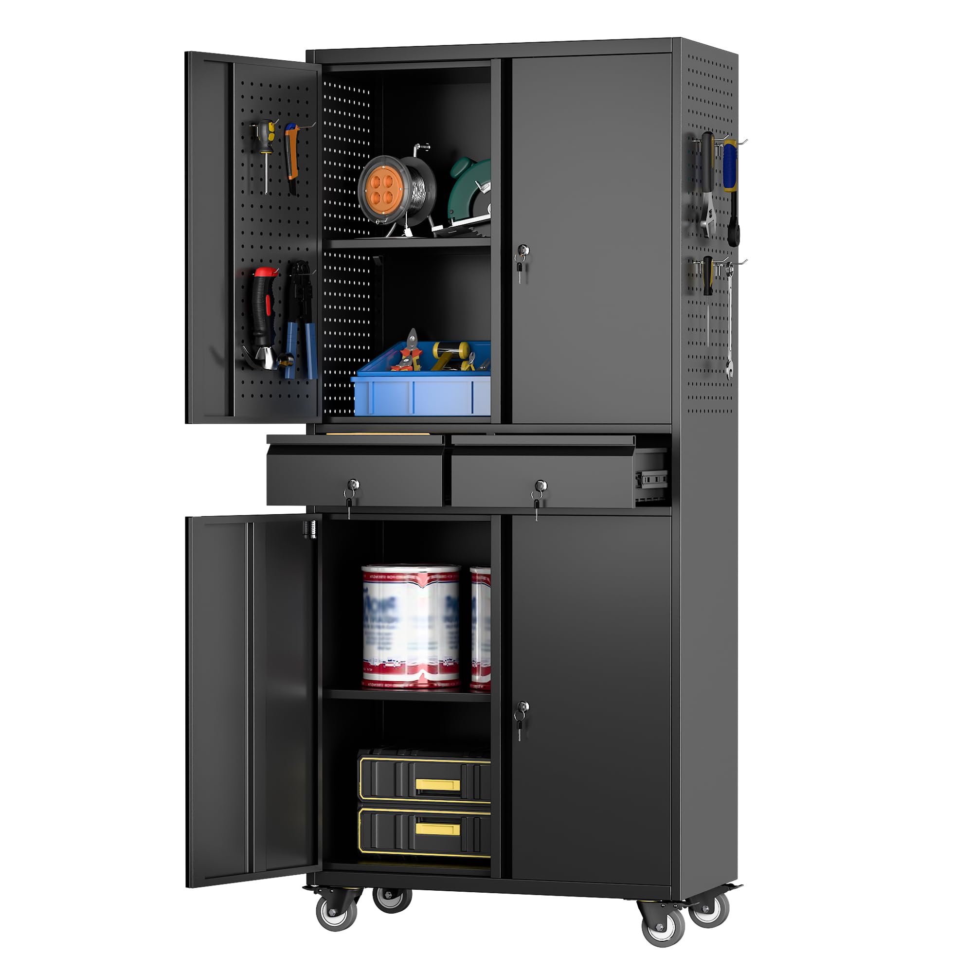 GangMei Metal Garage Storage Cabinet with 2 Drawers, Locking Tool Cabinets on Wheels with Pegboards and Hooks for Warehouse Homes, Offices, Assembly Required(Black)