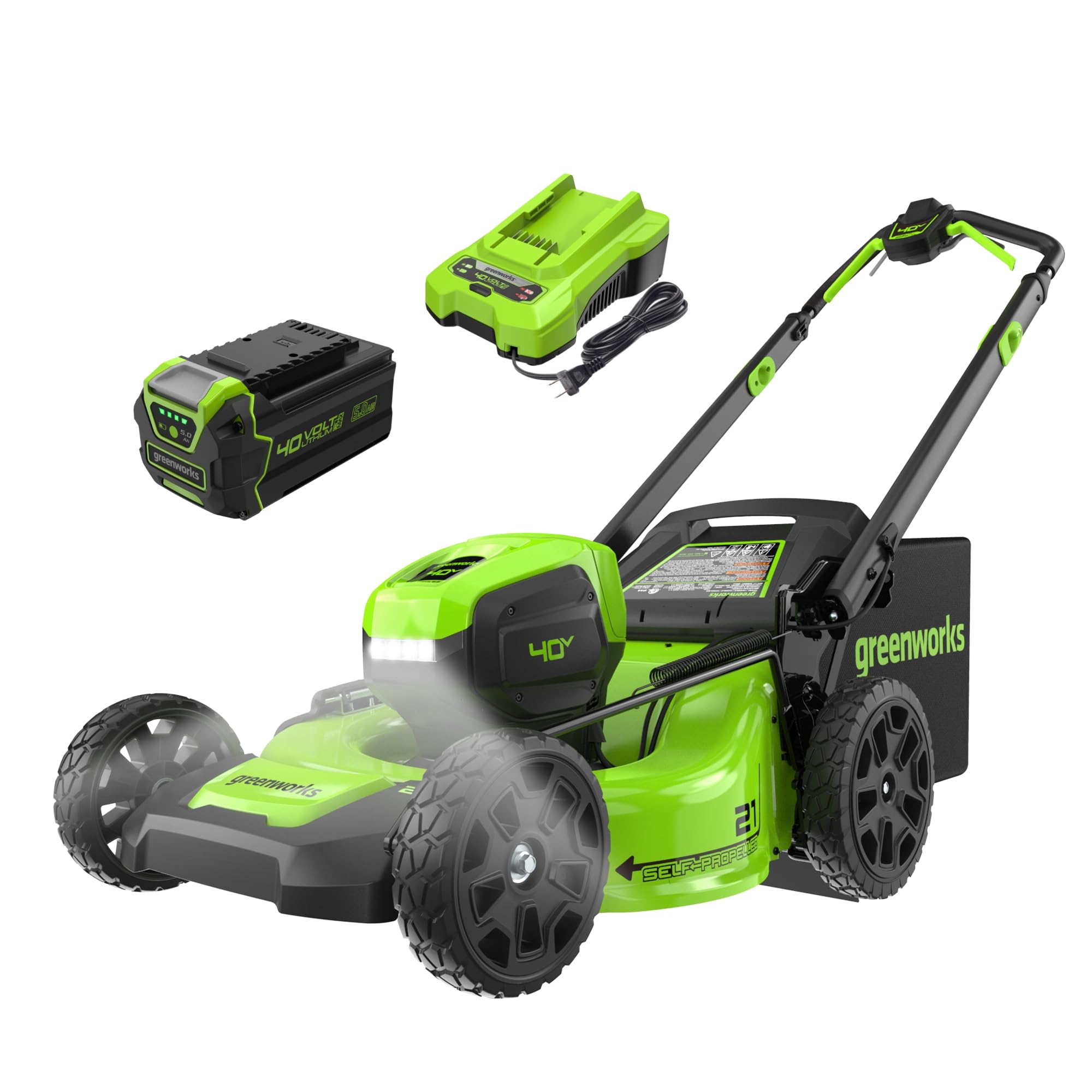 Greenworks 40V 21" Brushless Cordless (Self-Propelled) Lawn Mower (LED Headlight + Aluminum Handles), 5.0Ah Battery and Charger Included (75+ Compatible Tools)