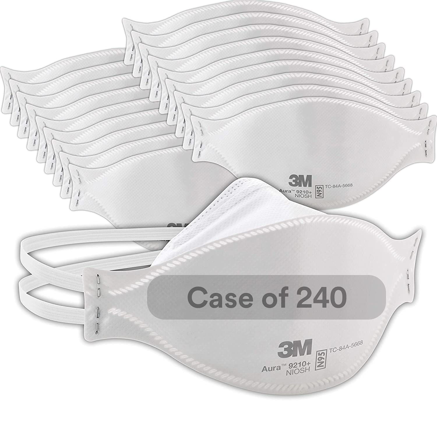 3M Aura Particulate Respirator 9210+, N95, Pack of 240 Disposable Respirators, NIOSH APPROVED, Convenient Individually Wrapped, Stapled Flat Fold Design, Low Profile Design Reduces Eyewear Fogging
