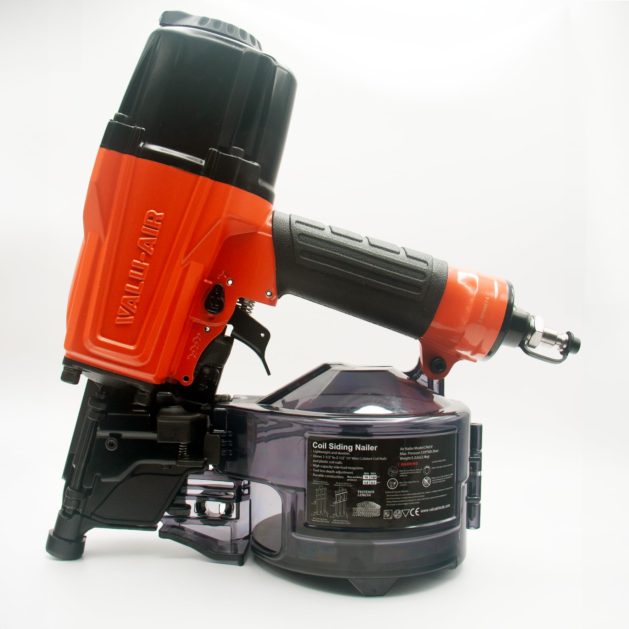 Valu-Air CN65V 15-Degree Pneumatic Coil Siding Fencing Nailer - 1-1/2-inch to 2-1/2-Inch for Siding, Fiber Cement, Fencing, Cedar Shake and Soffit Applications