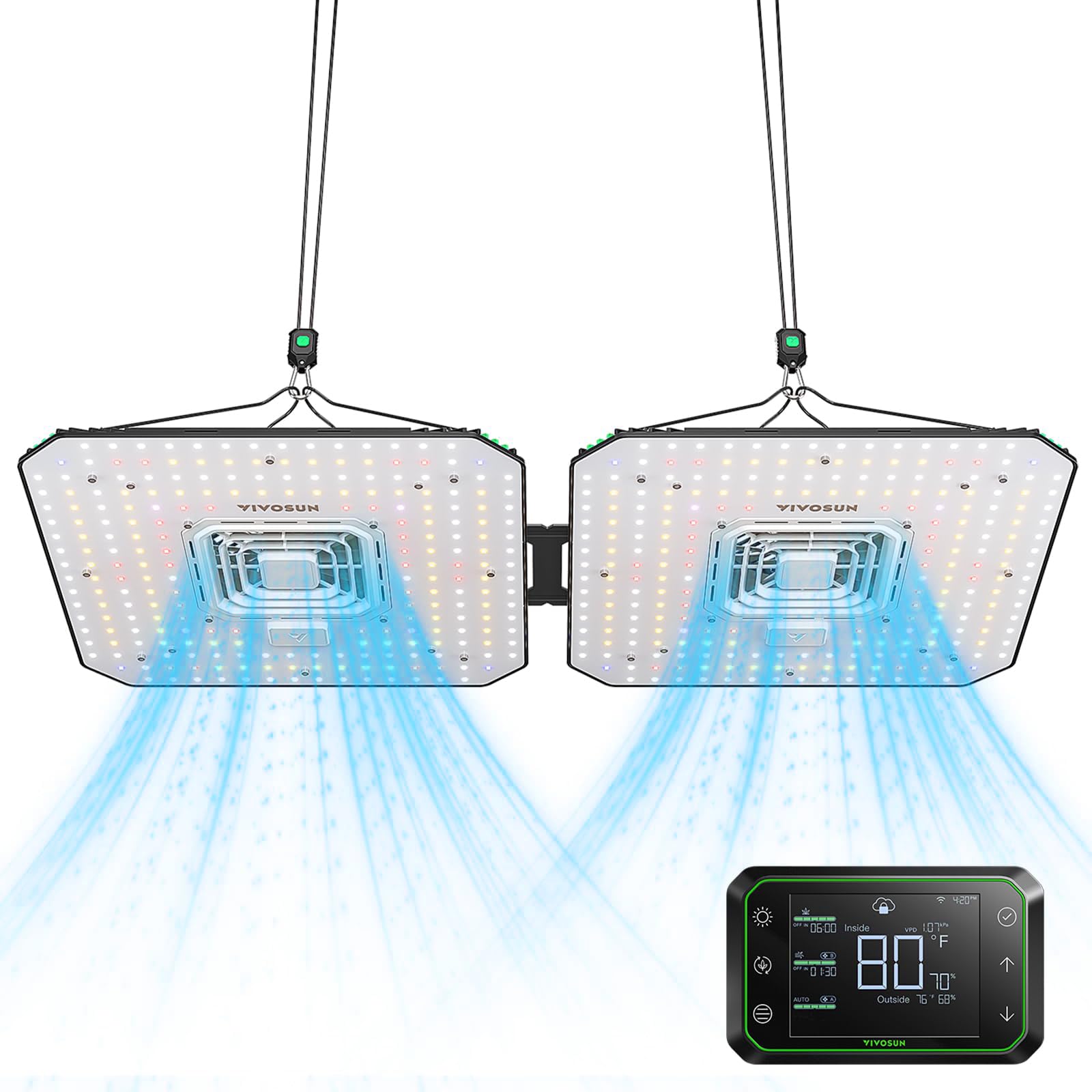 VIVOSUN 2X AeroLight A100, Tunable Spectrum, LED Grow Light 100W with Integrated Circulation Fan & Growhub Controller E42A, Samsung LM301B Diodes, Compatible with App & E25, 2 x 2 Ft. Coverage