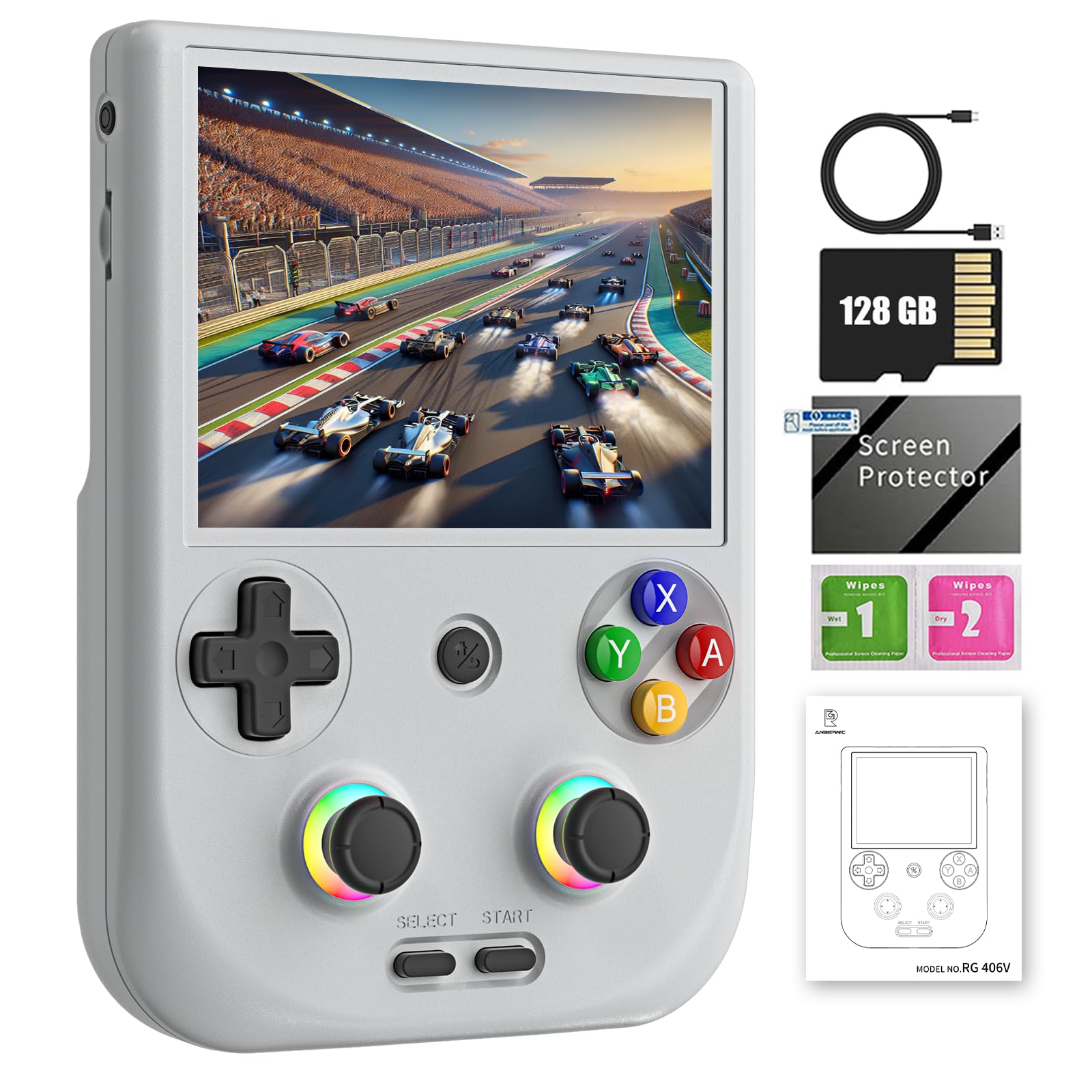 RG406V Handheld Game Console Preloaded Games RG 406V 4-inch IPS Multi-touch Screen Retro Game Console 128G UFS2.2 Android 13 Retro Emulator RG406V 5500mAh Battery 1080p DP Output WIFI Bluetooth Gray