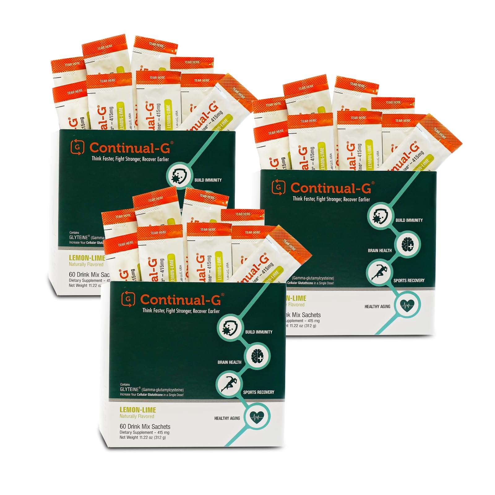 CONTINUAL G Glyteine 415mg Powder, 3 Packs of 60 Sachets of Glutathione Supplement, Lemon Lime Flavor Antioxidant and Liver Health Support, Serving Size: 1 Sachet Twice Daily, 90 Days Supply