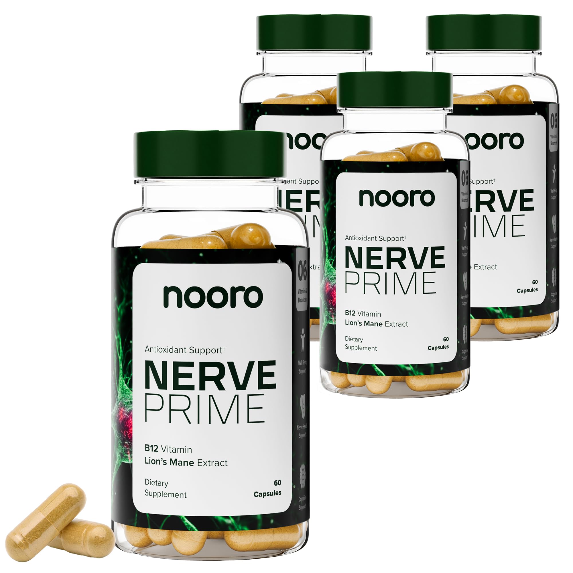 nooro Nerve Prime Supplement - R-Alpha Lipoic Acid, Lion’s Mane Mushroom, and Curcumin, Well-Being Support, Cognitive Function, Antioxidant Protection, 120-Day Supply (4 Pack)
