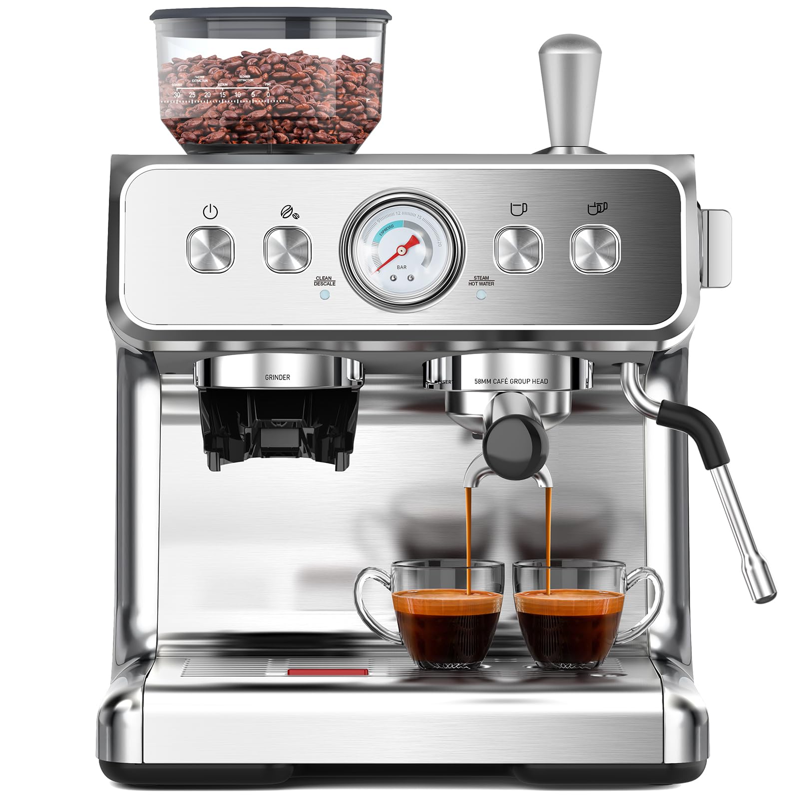Espresso Machine with Grinder, Stainless Steel 20 Bar Semi-Automatic Expresso Coffee Machines, Featuring a Milk Frother, Steam Wand, Removable Water Tank for Latte, Macchiato, Cappuccino