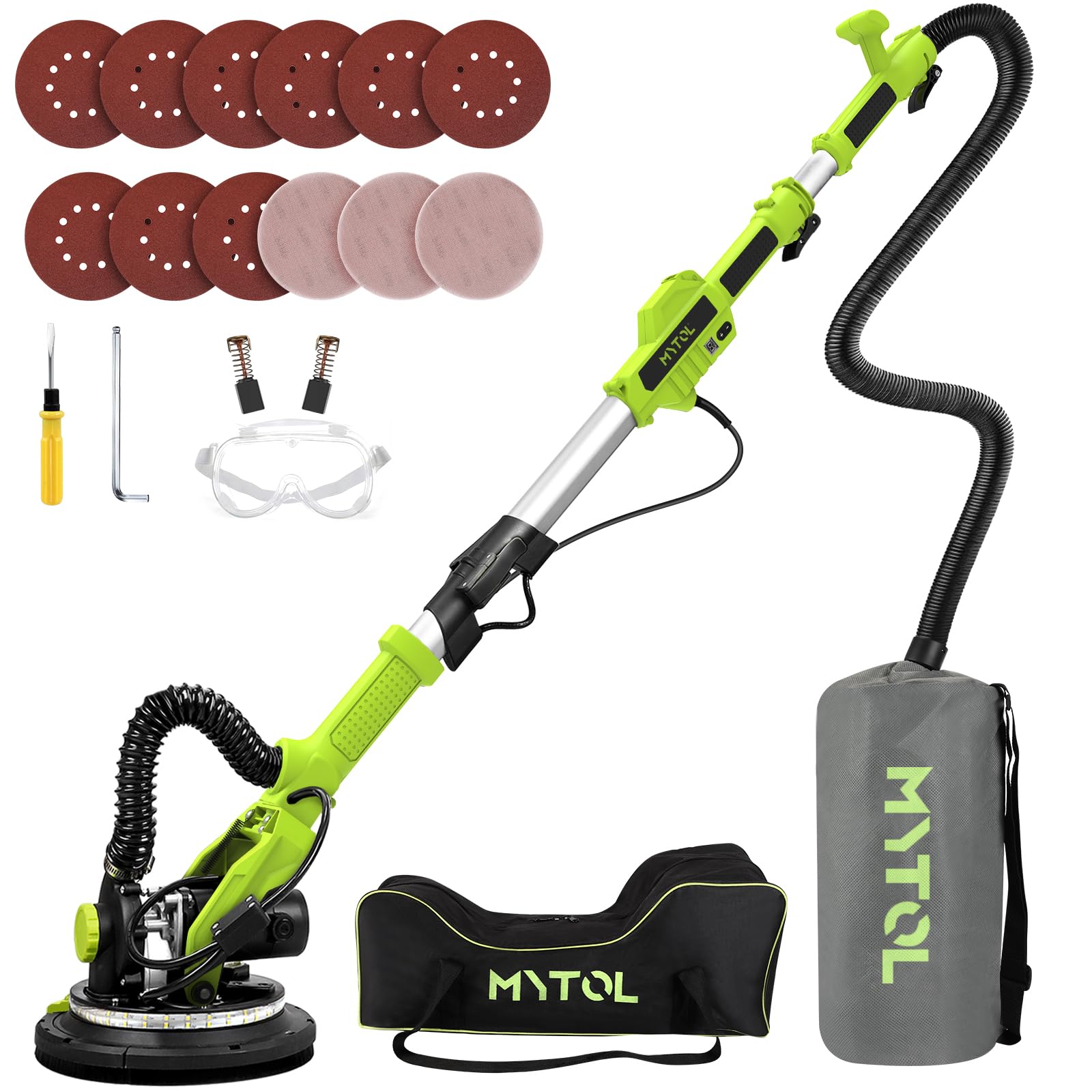 MYTOL Drywall Sander, 7.2A Electric Drywall Sander with Vacuum Dust Collection, 6 Variable Speed 900-1800RPM, LED Light, Foldable & Extendable Handle, 9 Pcs Sandpaper&3 Pcs Grid Sandpaper, Full Green