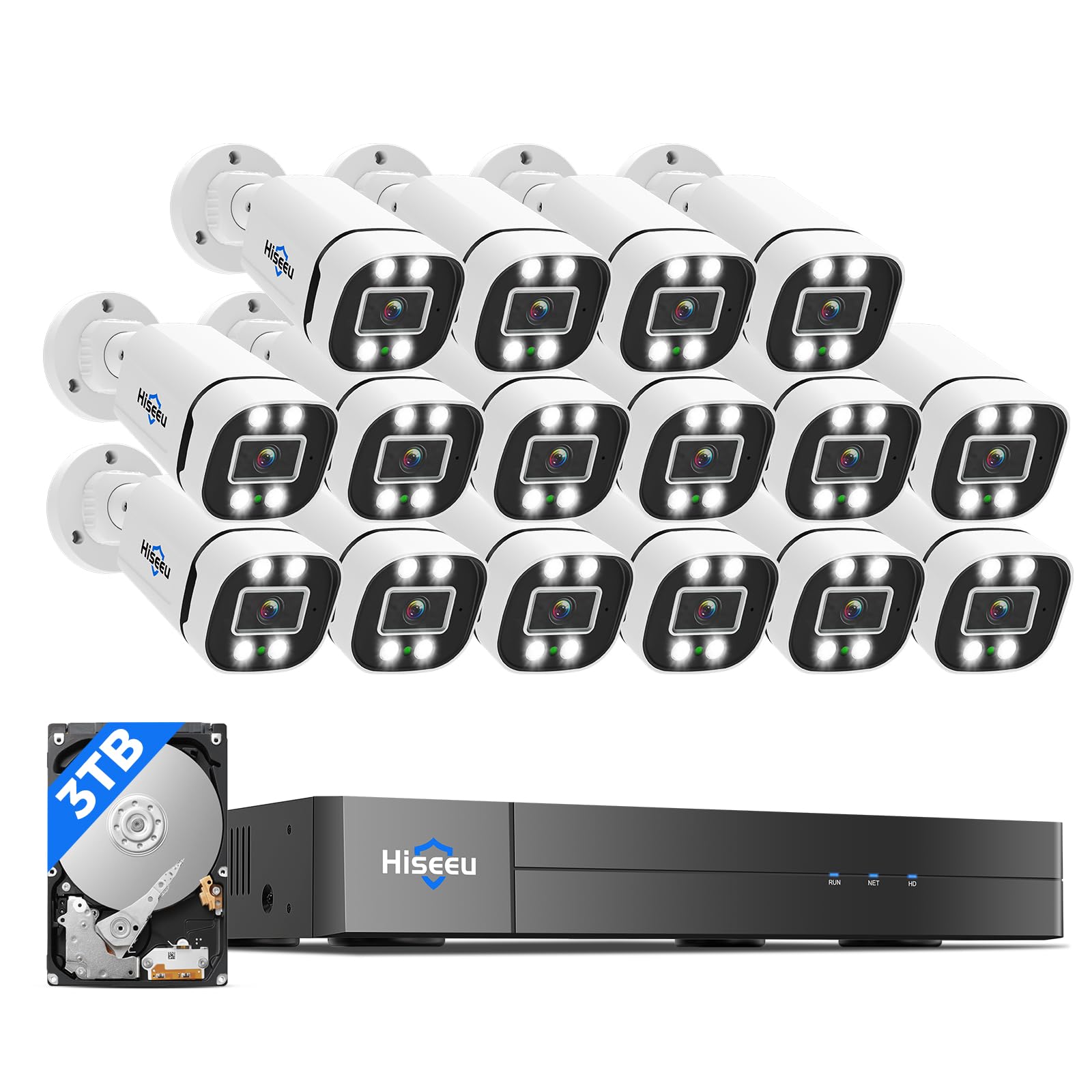 Hiseeu 16CH 3K Wired Security Camera System with Alarm Spotlight,Audio Vehicle/Person Detection 5MP 16CH DVR,5MP 16PCS Outdoor Indoor Surveillance CCTV Cameras 3TB HDD 24/7 Record Remote Access