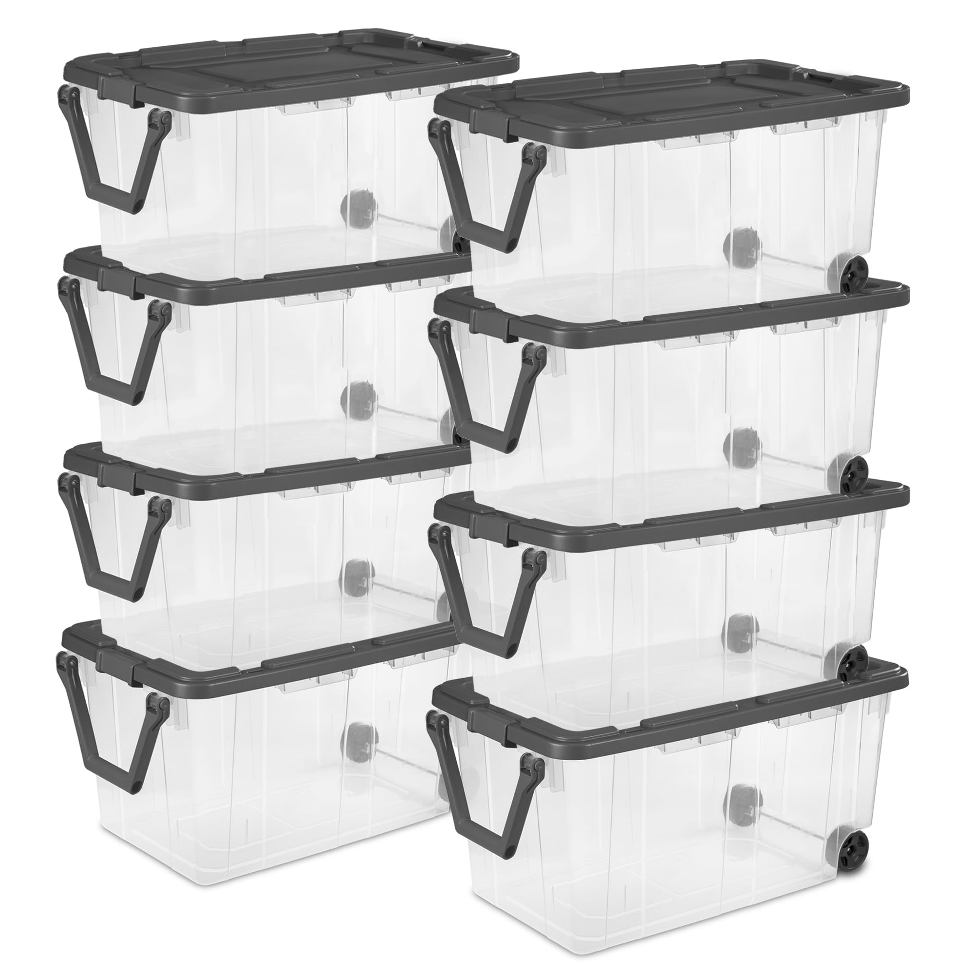 Sterilite 8-Pack Stackable Storage Bins w/ Latching Lids & Wheels, 160 Qt., Gray Lid