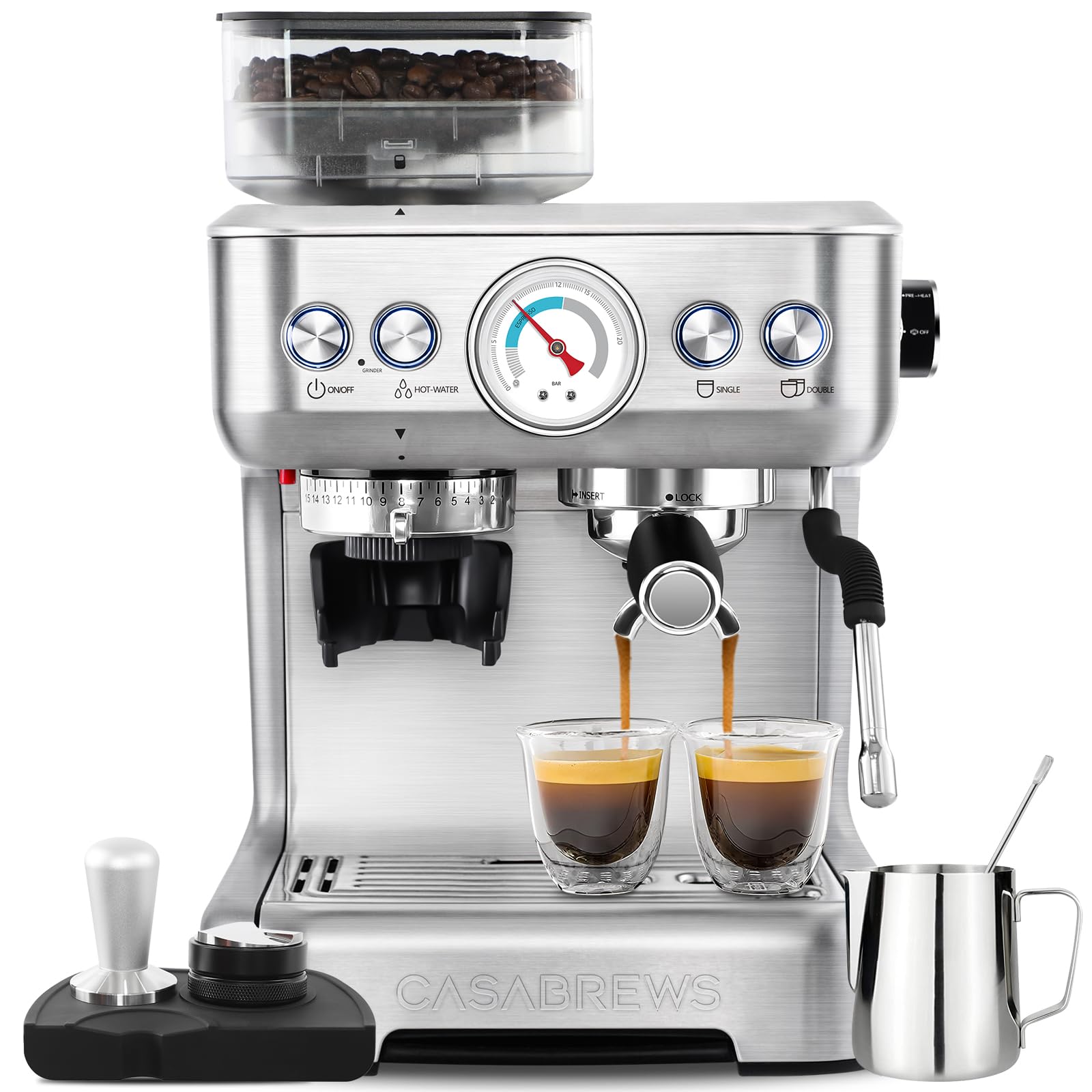 CASABREWS Espresso Machine with Grinder, Barista-Style Cappuccino Maker with Milk Frother Steam Wand, Professional Coffee Maker with Removable Water Tank for Cappuccinos, Lattes, and Macchiatos