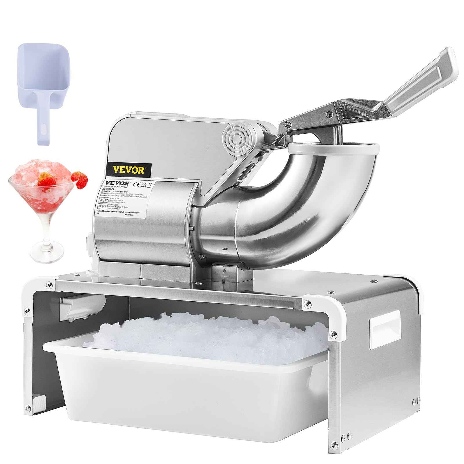 VEVOR 110V Commercial Snow Cone Machine, 661LB/H Snow Cone Maker, Electric Shaved Ice Machine w/Dual Blades, Stainless Steel Ice Crusher Shaver w/ 20Qt Ice Basin, 250W Snowball Machine 1420RPM