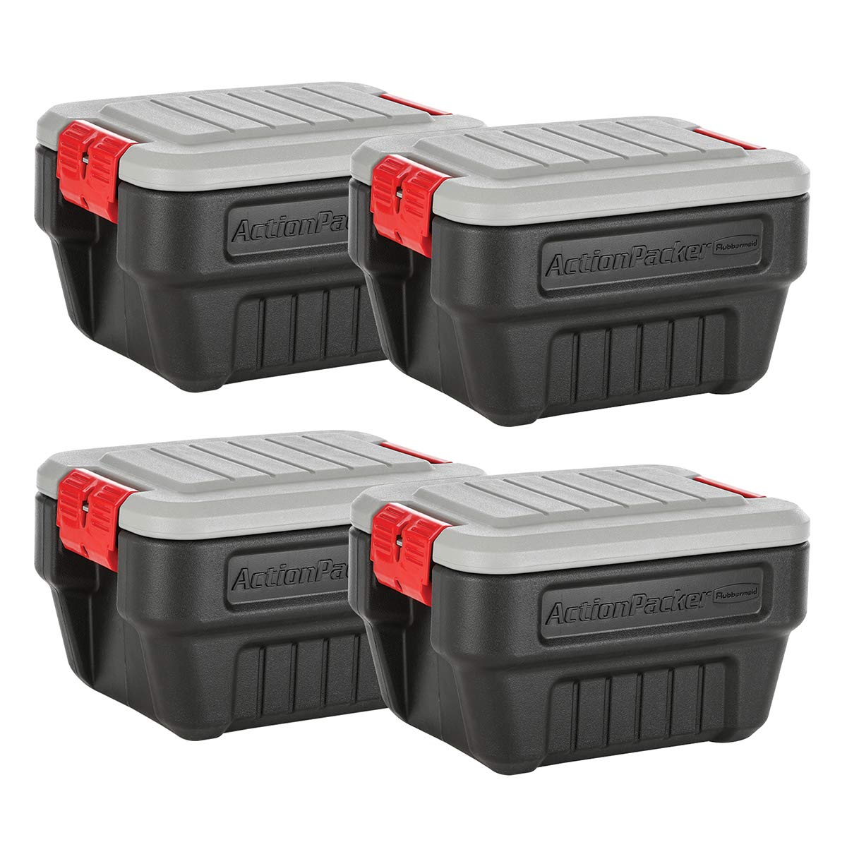 Rubbermaid® ActionPacker®️ 8 Gal Lockable Storage Box Pack of 4, Outdoor, Industrial, Rugged, Grey and Black