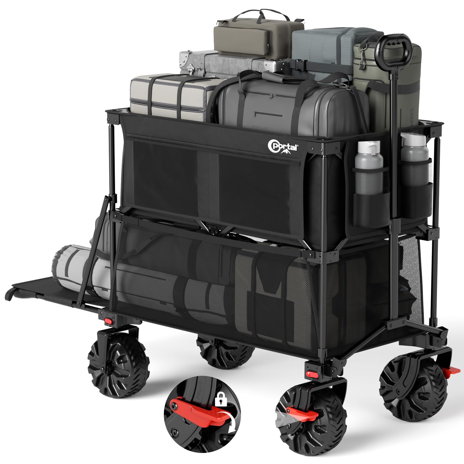 PORTAL 400L Large Capacity Collapsible Double Decker Wagon with Brakes, 450LB Heavy Duty Folding Cart with Tailgate, Foldable Utility Wagons for Camping, Beach, Garden, Sports, Shopping