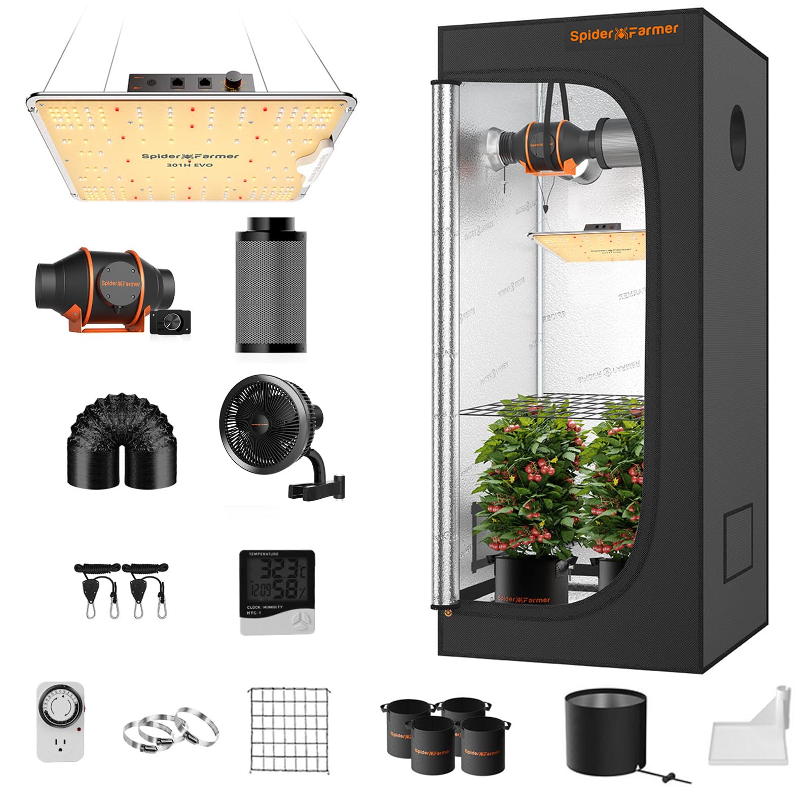 Spider Farmer EVO Grow Tent Kit Complete 28"x28"x63" SF-1000 Samsung LM301H EVO & Dimmable, Grow Tent Complete System 2.3x2.3ft Growing Tent Kit Set with 4" Ventilation System &6'' Clip Fan