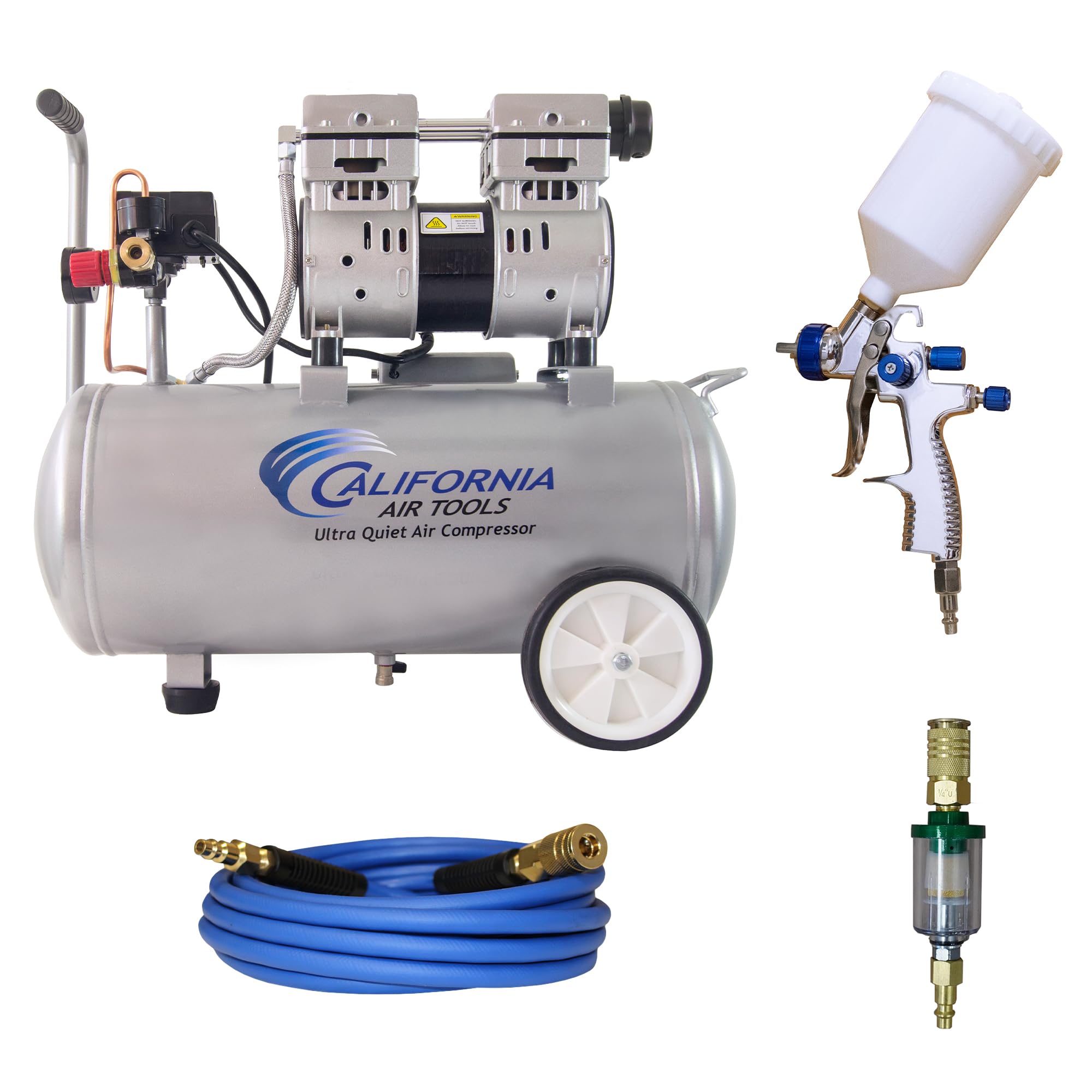 California Air Tools 8010 PK 1.0 HP Ultra Quiet and Oil-Free Air Compressor and LVLP Spray Painting Kit, 8 Gallon Steel Tank, Lightweight with Wheels, 60 dBA Noise Level