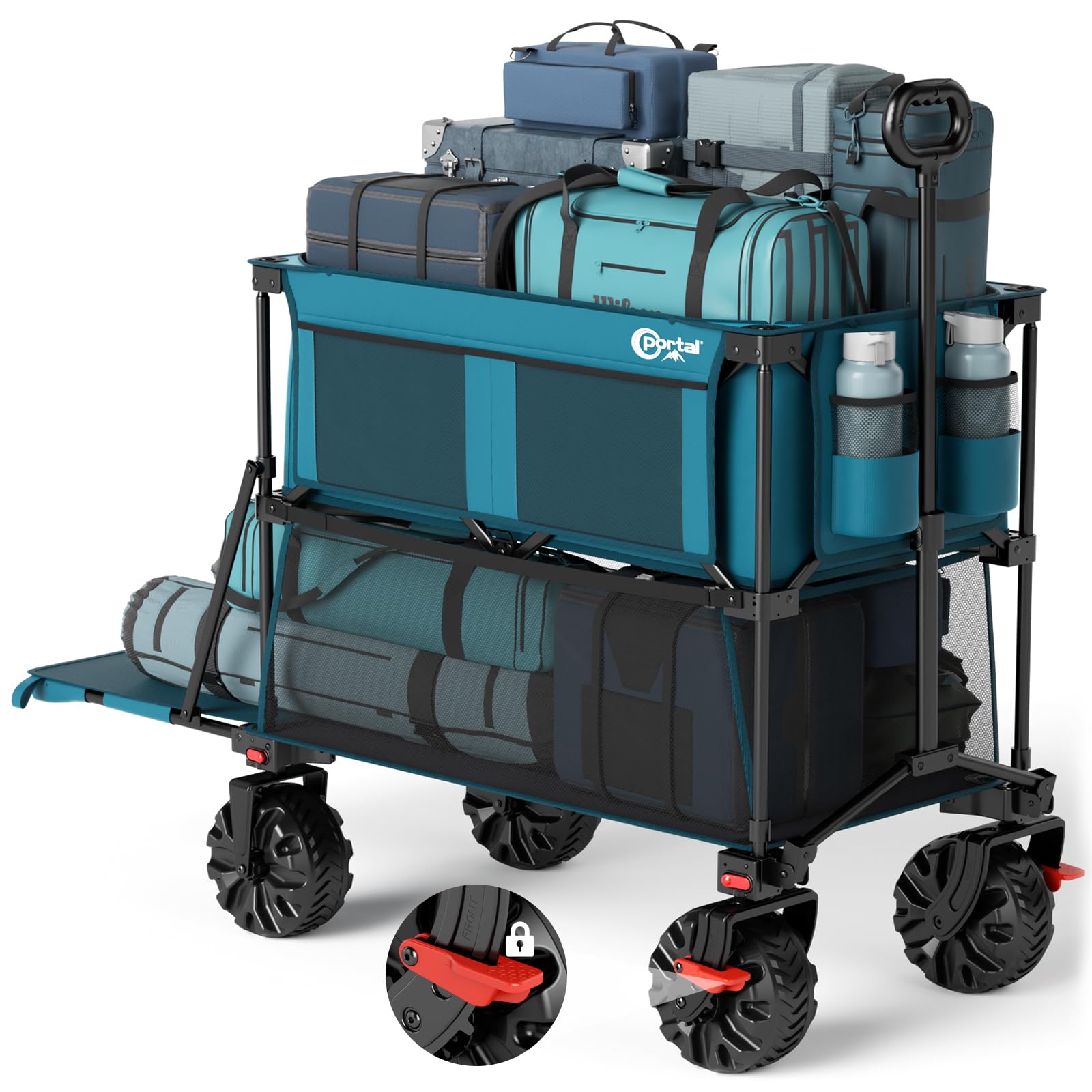 PORTAL 400L Large Capacity Collapsible Double Decker Wagon with Brakes, 450LB Heavy Duty Folding Cart with Tailgate, Foldable Utility Wagons for Camping, Beach, Garden, Sports, Shopping