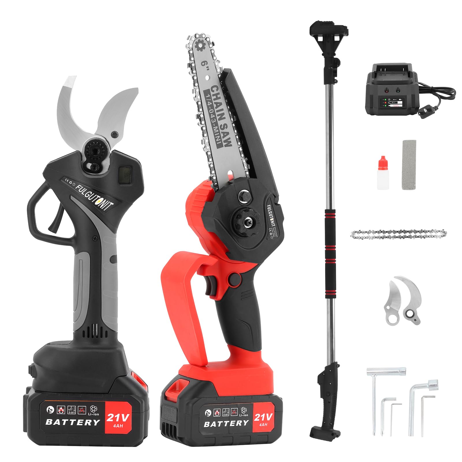 Fulgutonit Electric Pruner Kit, 40 mm(1.6 in) Pruning Shears & 6 inches Mini Chainsaw, with Max 7 ft Extension Pole, 2 Pcs 4 Ah Batteries for Longer Pruning, Extra 1084 Replacement Blades & Saw Chain
