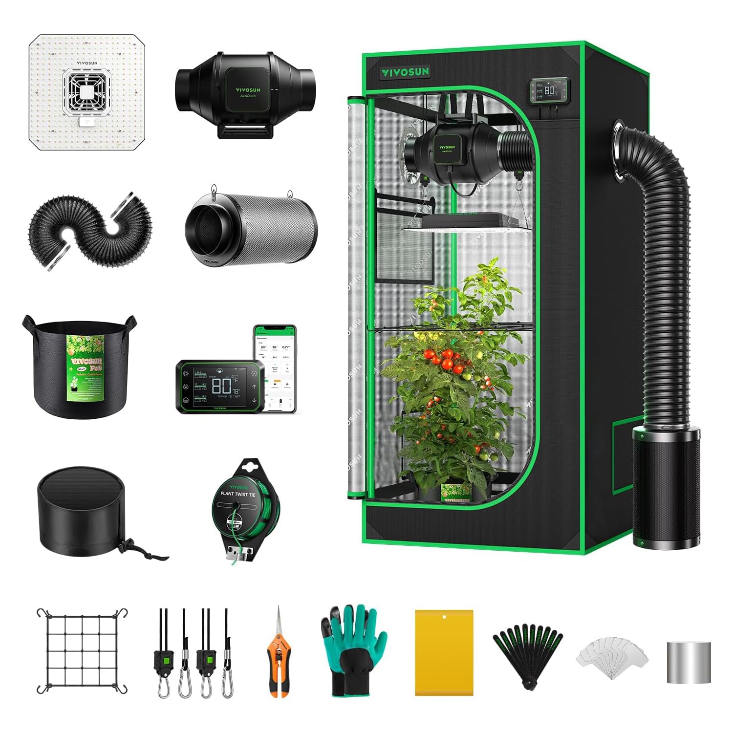 VIVOSUN GIY Smart Grow Tent System 2x2, WiFi-Integrated Grow Tent Kit, with Automate Ventilation and Circulation, Schedule Full Spectrum 100W LED Grow Light, and GrowHub E42A Controller