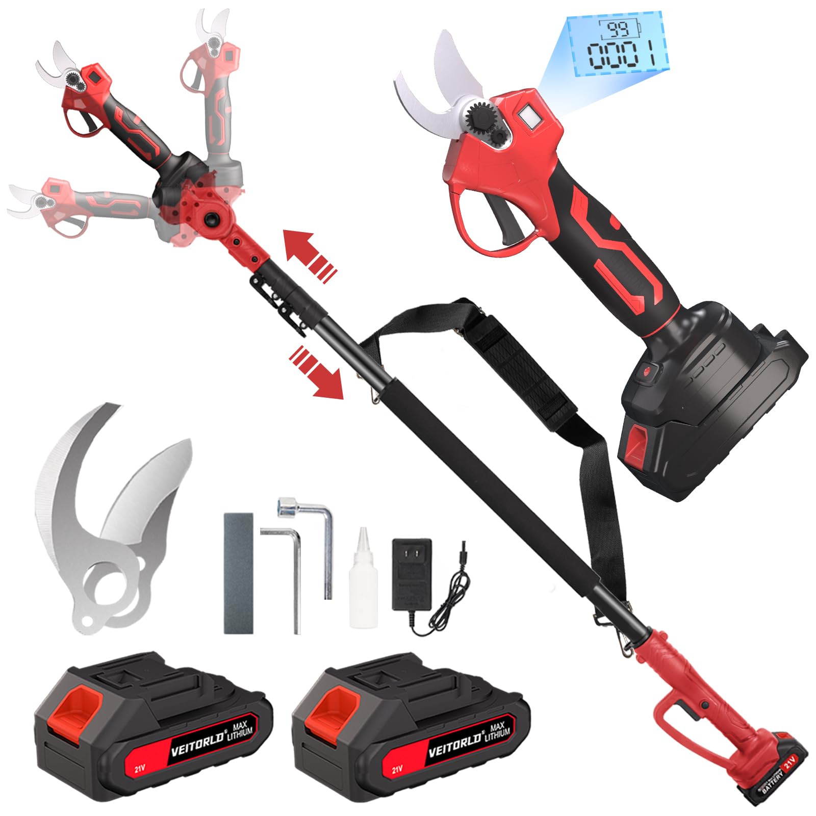 VEITORLD 2-IN-1 Cordless Electric Pole Pruning Shears, 15ft Reach, 1.2" Cutting Diameter, Battery Powered with 2x 2000mAh, Brushless Motor for Efficient Garden Tree Trimming, Branch Cutting（Red）